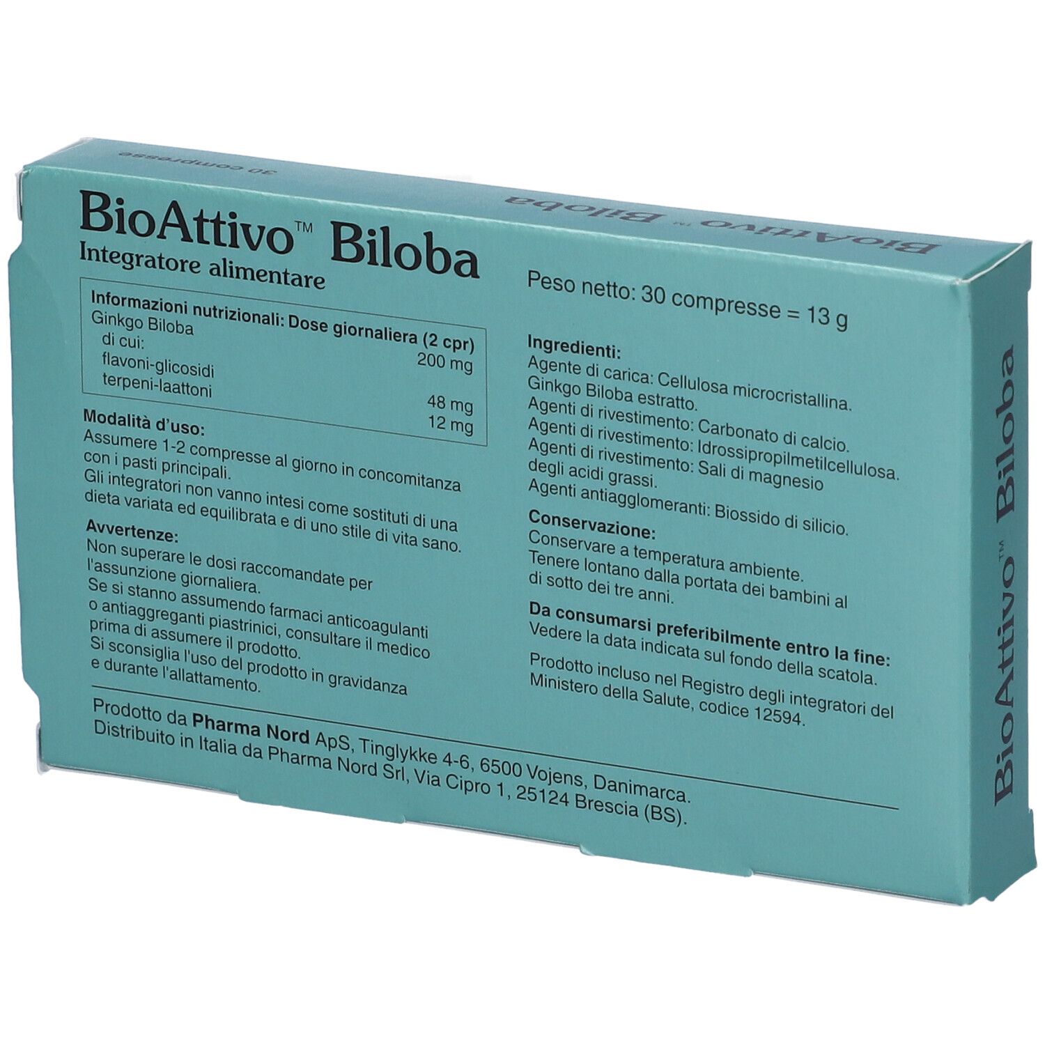 Retro della confezione di compresse. Testo in italiano. Scritta: BioAttivo Biloba, 30 compresse.