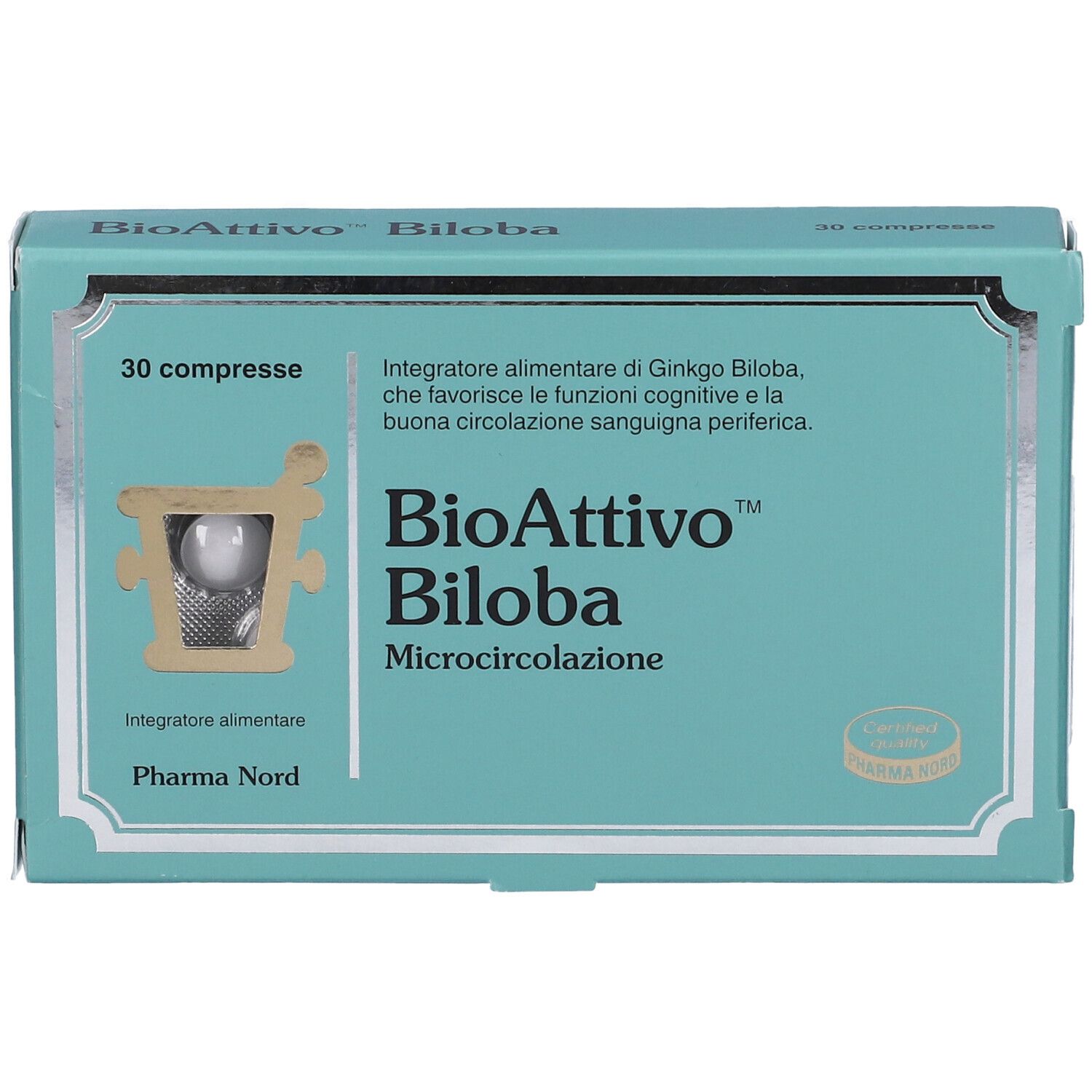 Scatola di BioAttivo Biloba, 30 compresse. Confezione verde e bianca, compresse in blister.