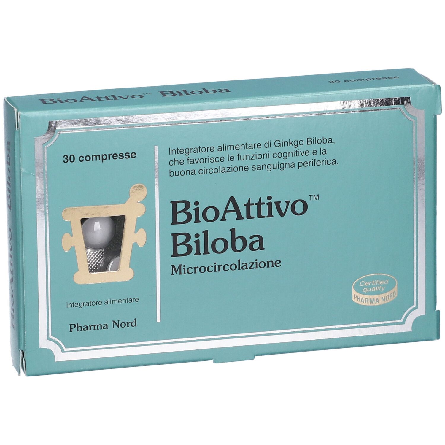 Scatola di BioAttivo Biloba, 30 compresse. Confezione verde e bianca, compresse in blister.