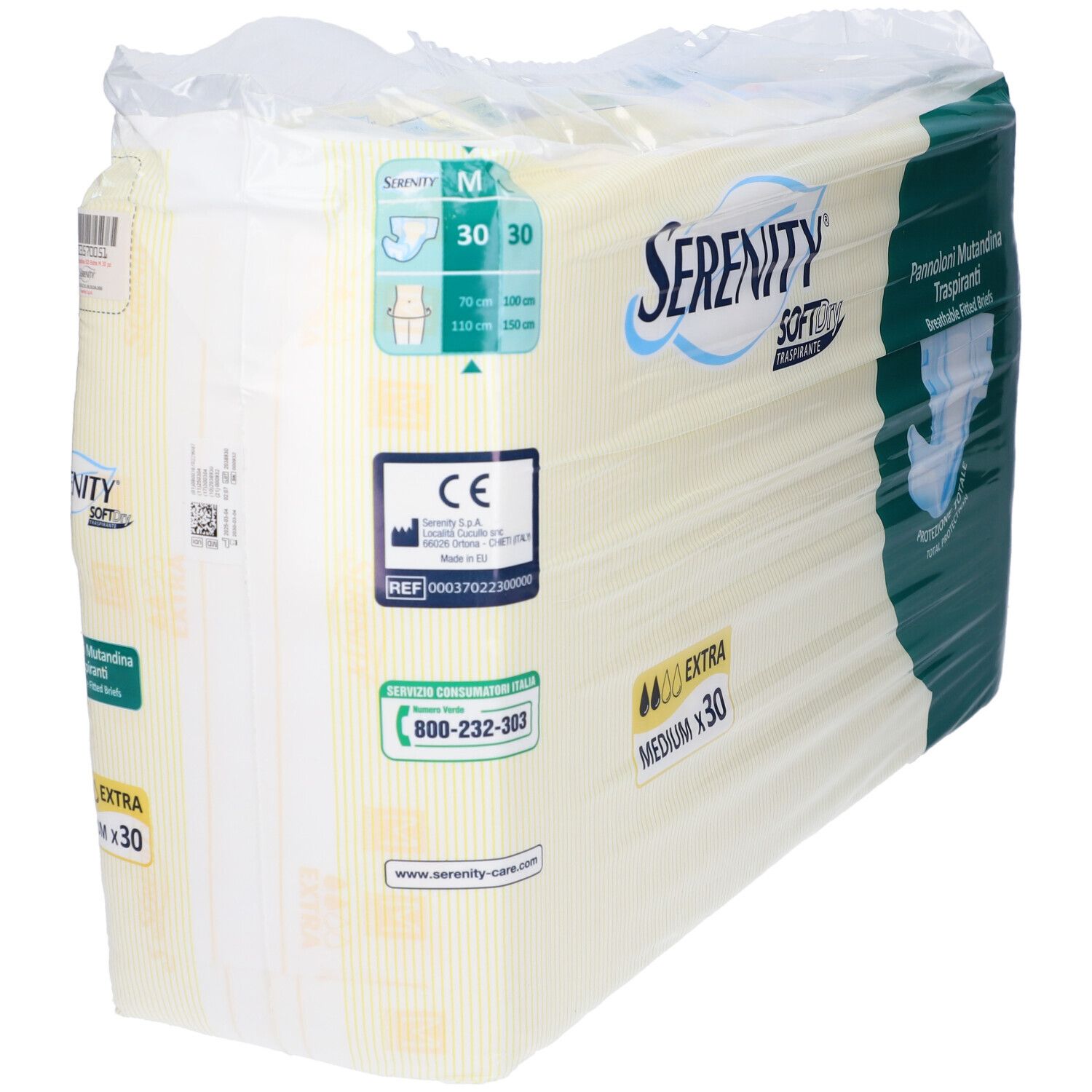 Confezione mutandine assorbenti Serenity SoftDry. Medium, 30 pezzi. Marchio CE. Informazioni di contatto.