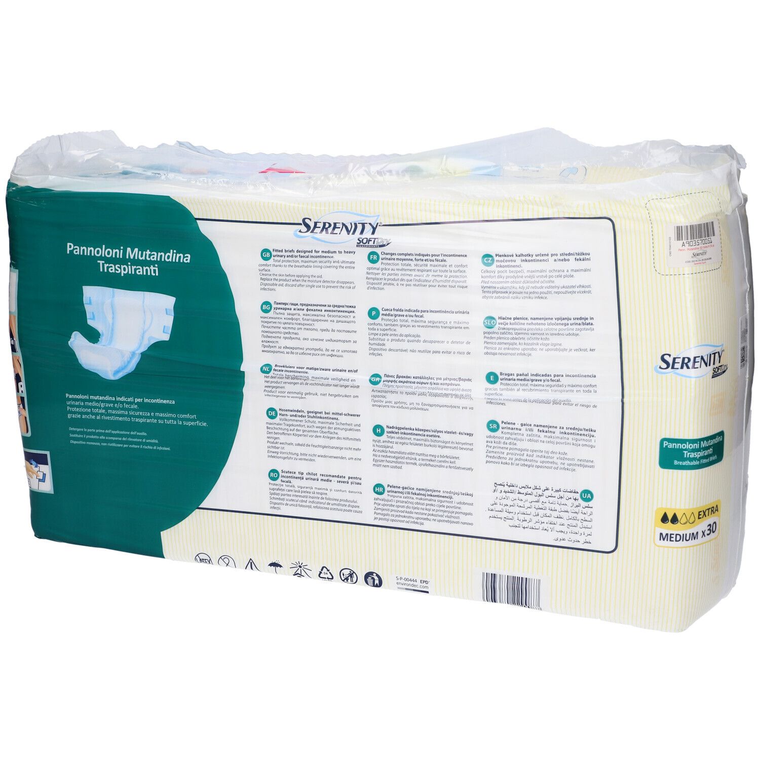 Retro confezione mutandine assorbenti Serenity SoftDry. Informazioni prodotto multilingue.