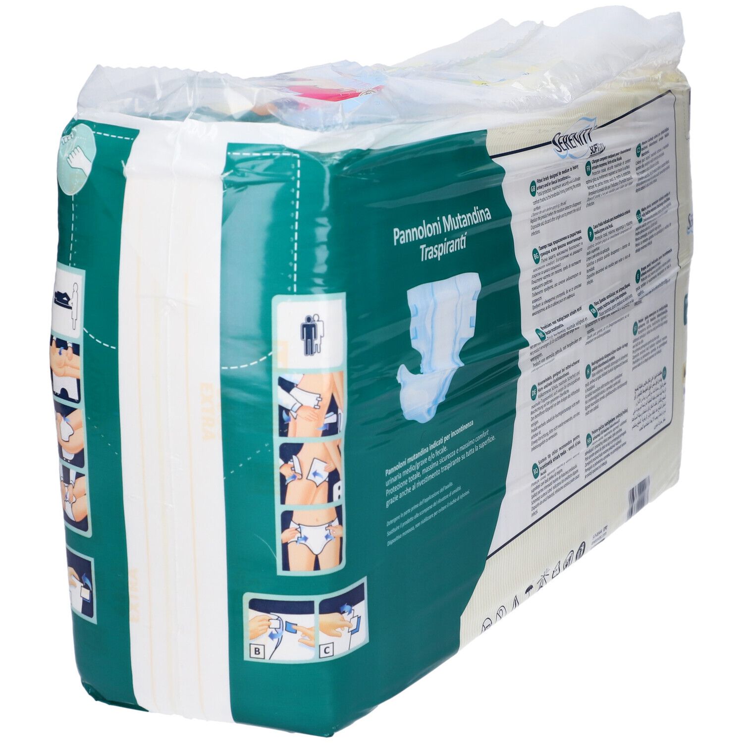 Confezione mutandine assorbenti Serenity SoftDry. Illustrazioni d'uso. Informazioni prodotto.
