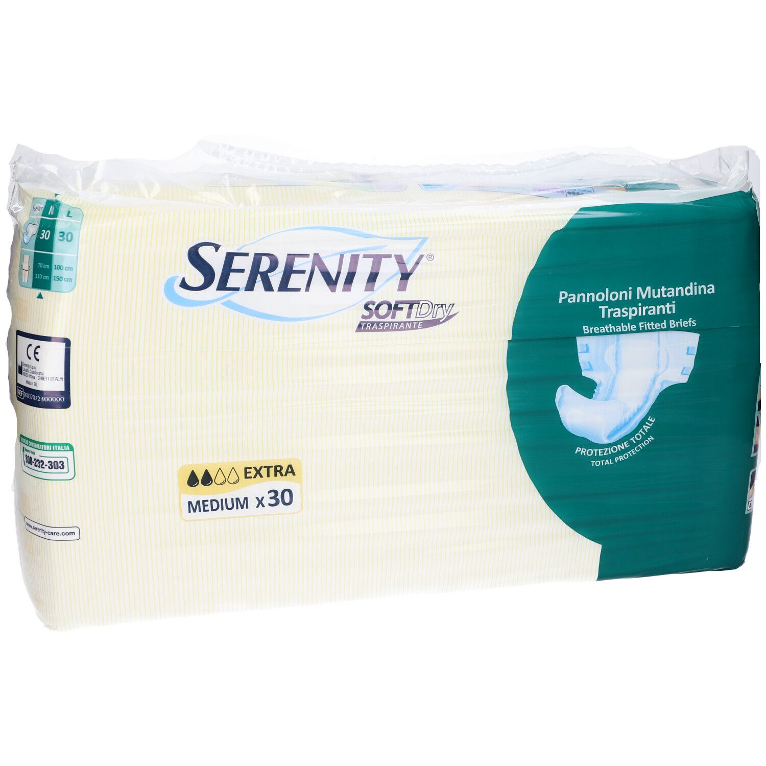 Confezione mutandine assorbenti Serenity SoftDry. Medium, 30 pezzi. Marchio CE. Informazioni prodotto.