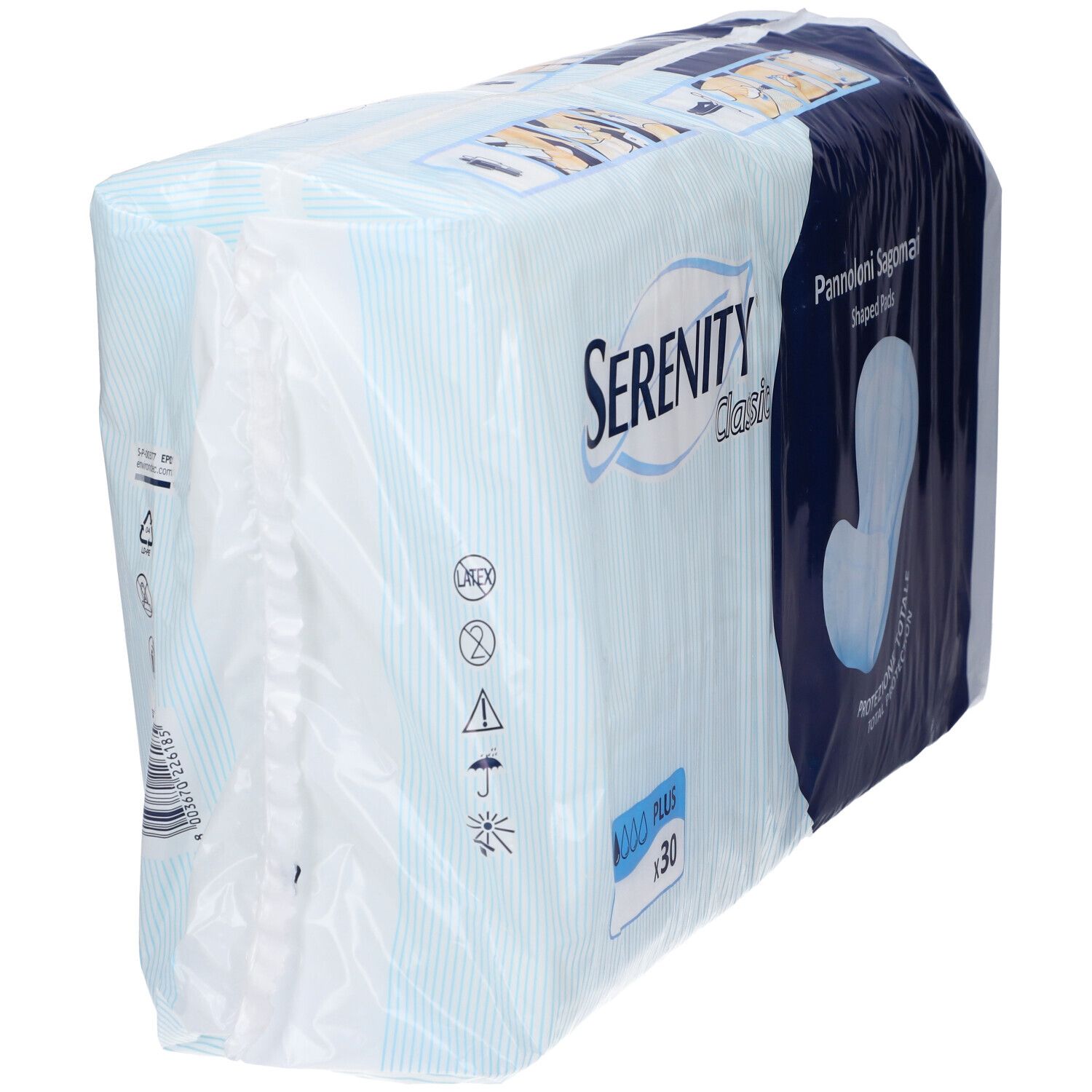 Confezione di assorbenti sagomati Serenity Classic Plus. Scritta: Pannoloni Sagomati, 30 pezzi. Confezione blu e bianca.