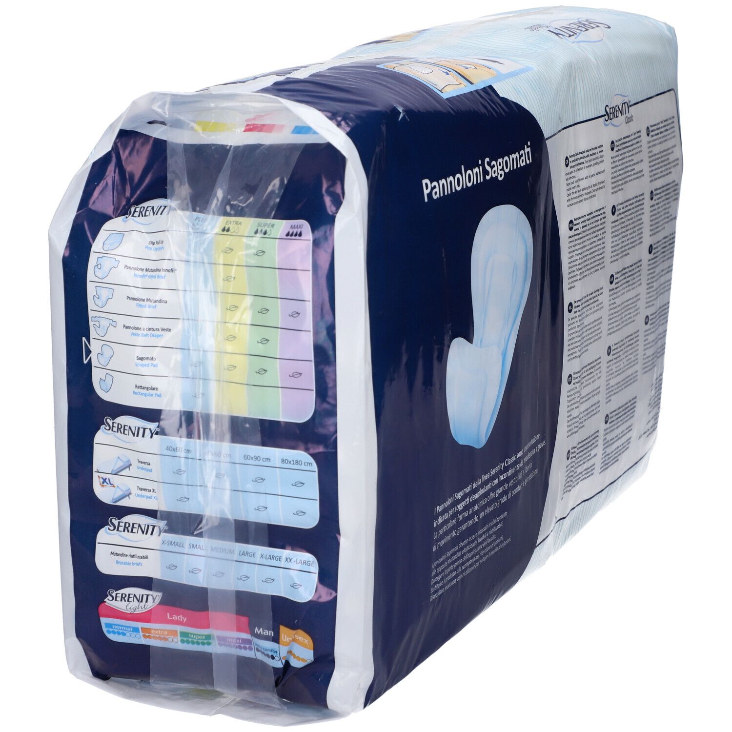 Confezione di assorbenti sagomati Serenity Classic Plus. Informazioni sulle taglie e sul prodotto. Confezione blu e bianca.