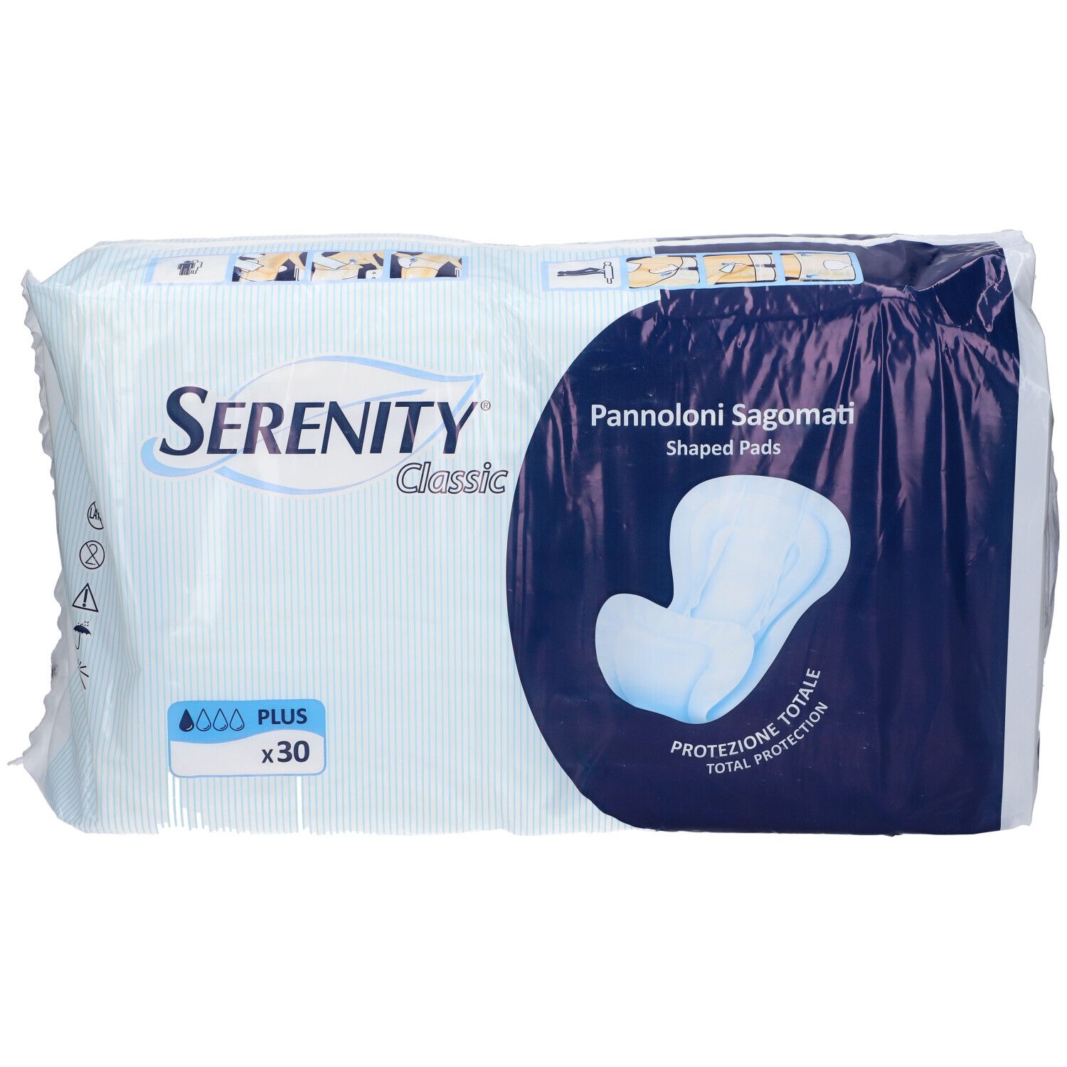 Confezione di assorbenti sagomati Serenity Classic Plus. Scritta: Pannoloni Sagomati, 30 pezzi. Confezione blu e bianca.