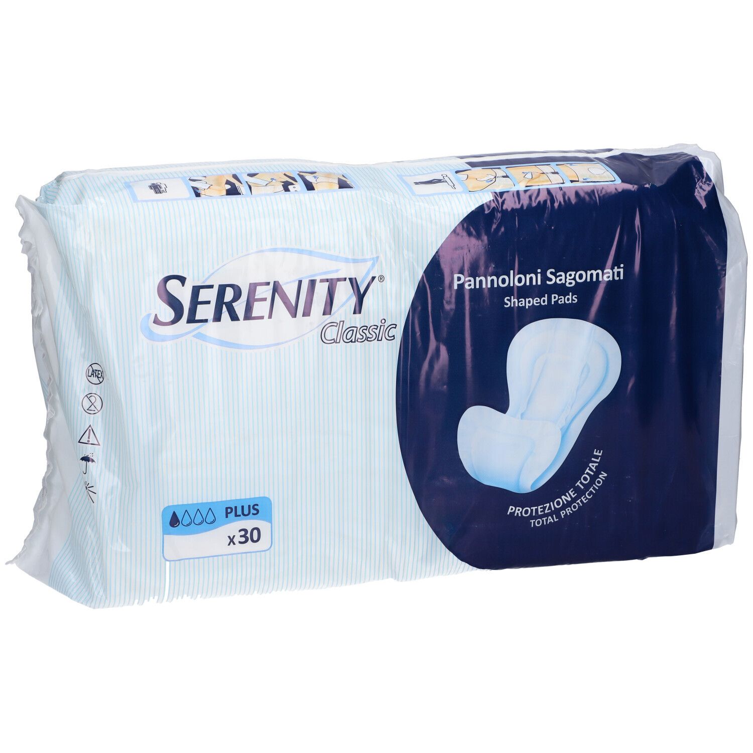Confezione di assorbenti sagomati Serenity Classic Plus. Scritta: Pannoloni Sagomati, 30 pezzi. Confezione blu e bianca.