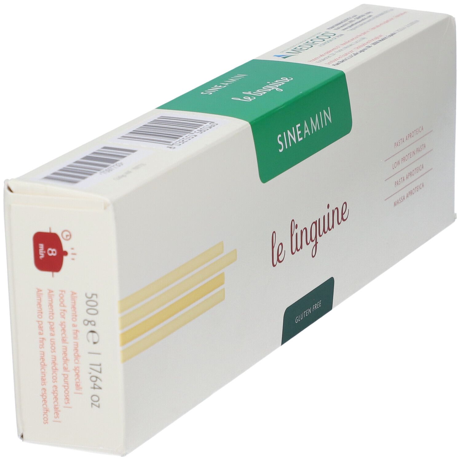 Confezione di Sineamin Linguine in prospettiva. Scritta: Sineamin, le linguine, senza glutine. 500g, 17.64 oz.