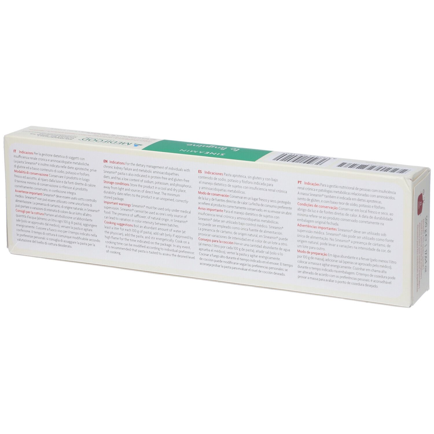 Retro della confezione di Sineamin Linguine. Testo multilingue. Informazioni sugli ingredienti e nutrizionali.