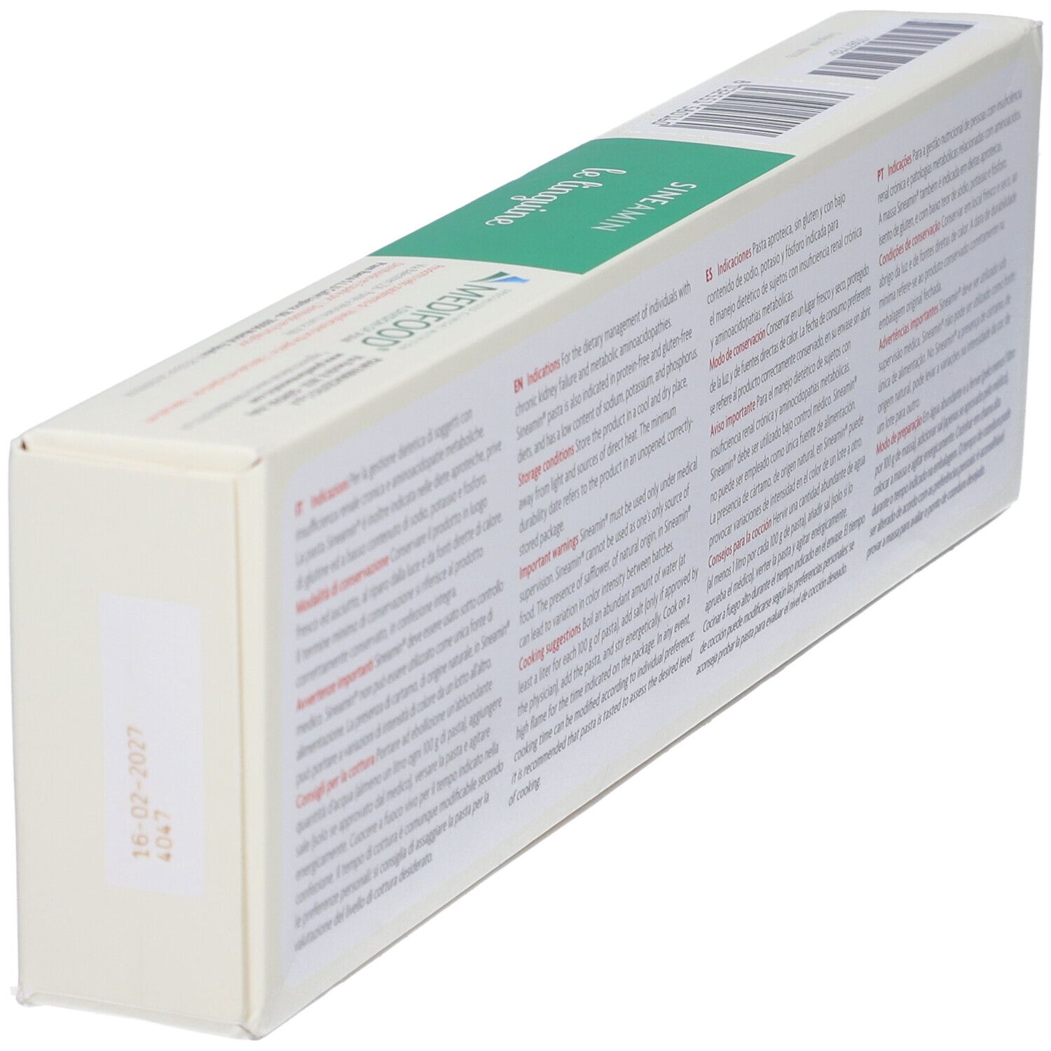 Retro in prospettiva della confezione di Sineamin Linguine. Testo multilingue. Data di scadenza.