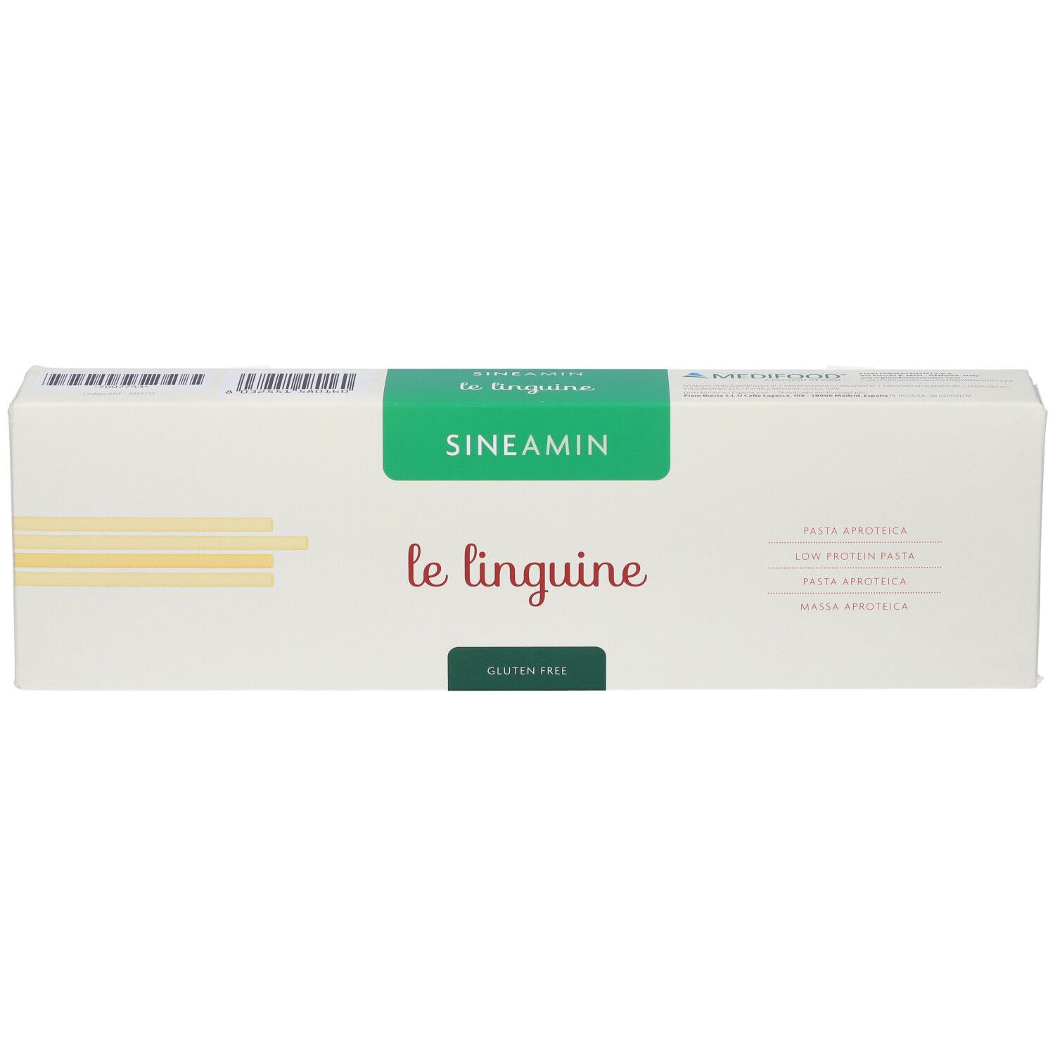 Confezione di Sineamin Linguine. Bianca con dettagli verdi. Scritta: Sineamin, le linguine, senza glutine. Vista dall'alto.