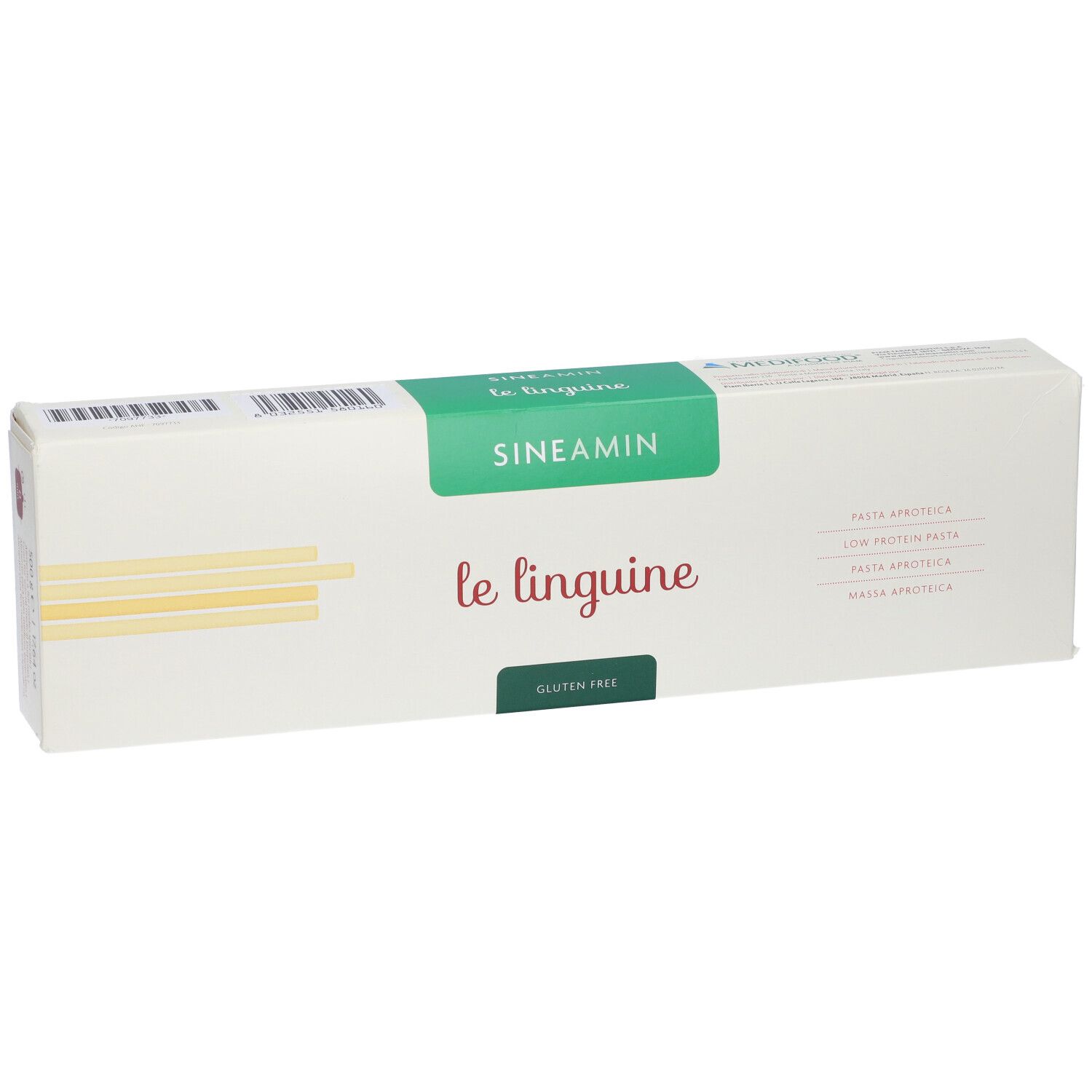 Confezione di Sineamin Linguine. Bianca con dettagli verdi. Scritta: Sineamin, le linguine, senza glutine. Vista laterale.