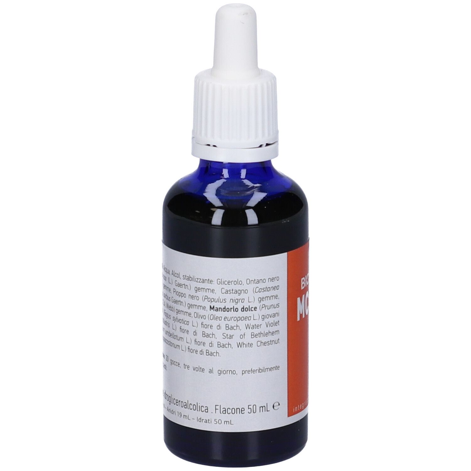 Flacone di vetro blu con contagocce bianco. Scritto: BIODREN MC CIRC. Etichetta arancione. Flacone con liquido.