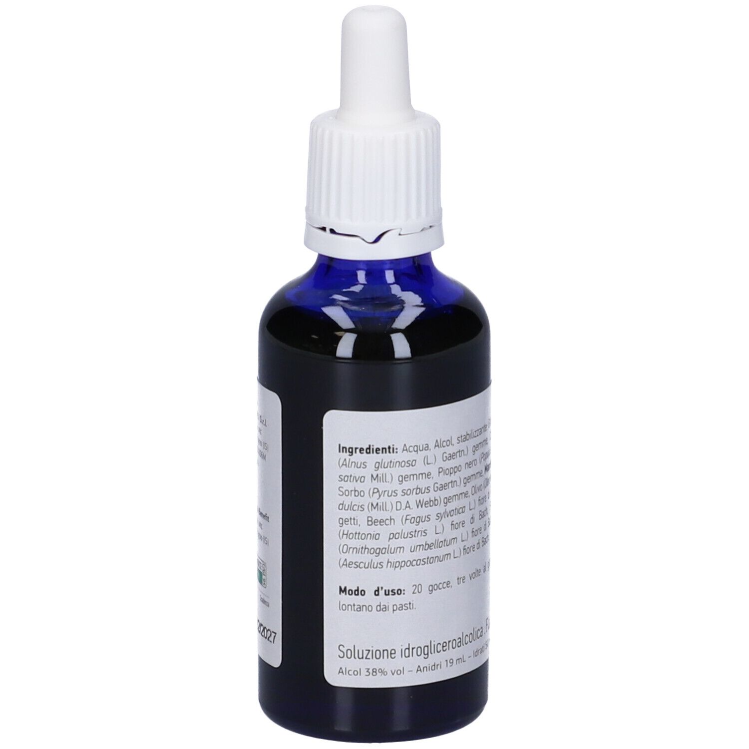Flacone di vetro blu con contagocce bianco. Scritto: BIODREN MC CIRC. Etichetta arancione. Flacone con liquido.