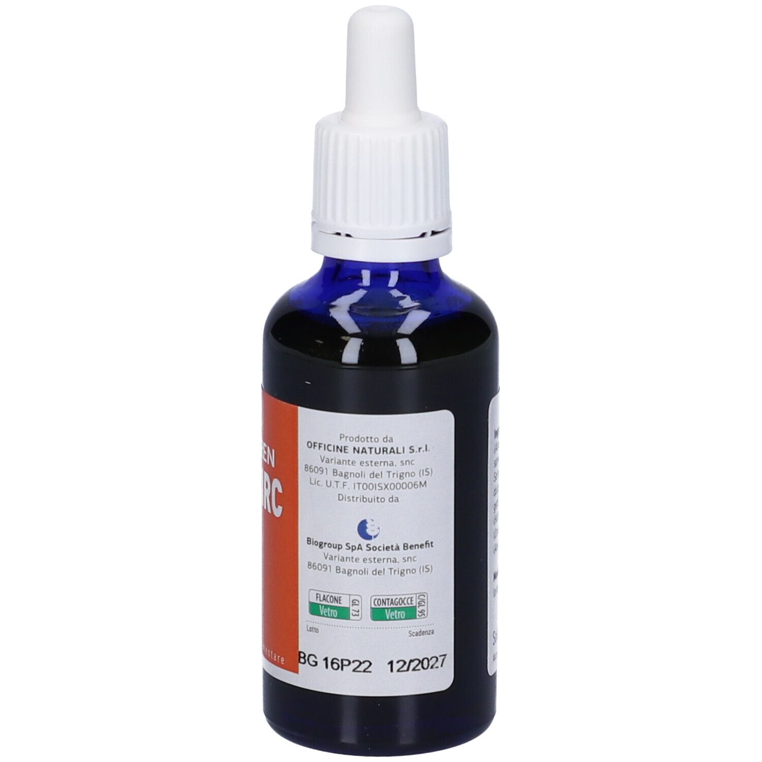 Flacone di vetro blu con contagocce bianco. Scritto: BIODREN MC CIRC. Etichetta arancione. Flacone con liquido.