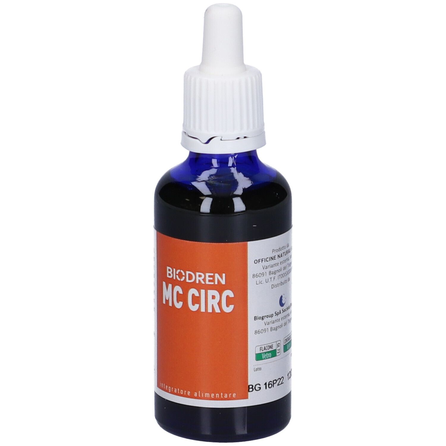 Flacone di vetro blu con contagocce bianco. Scritto: BIODREN MC CIRC. Etichetta arancione. Flacone con liquido.