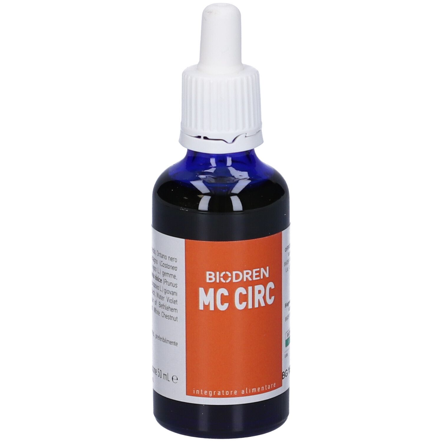 Flacone di vetro blu con contagocce bianco. Scritto: BIODREN MC CIRC. Etichetta arancione. Flacone con liquido.