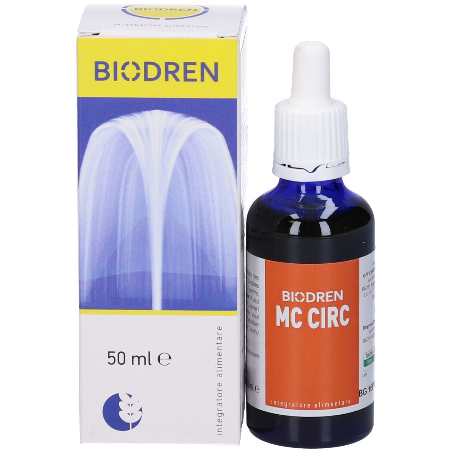 Flacone e confezione del prodotto. Scritto: BIODREN, MC CIRC, 50 ml. Flacone blu con contagocce bianco.