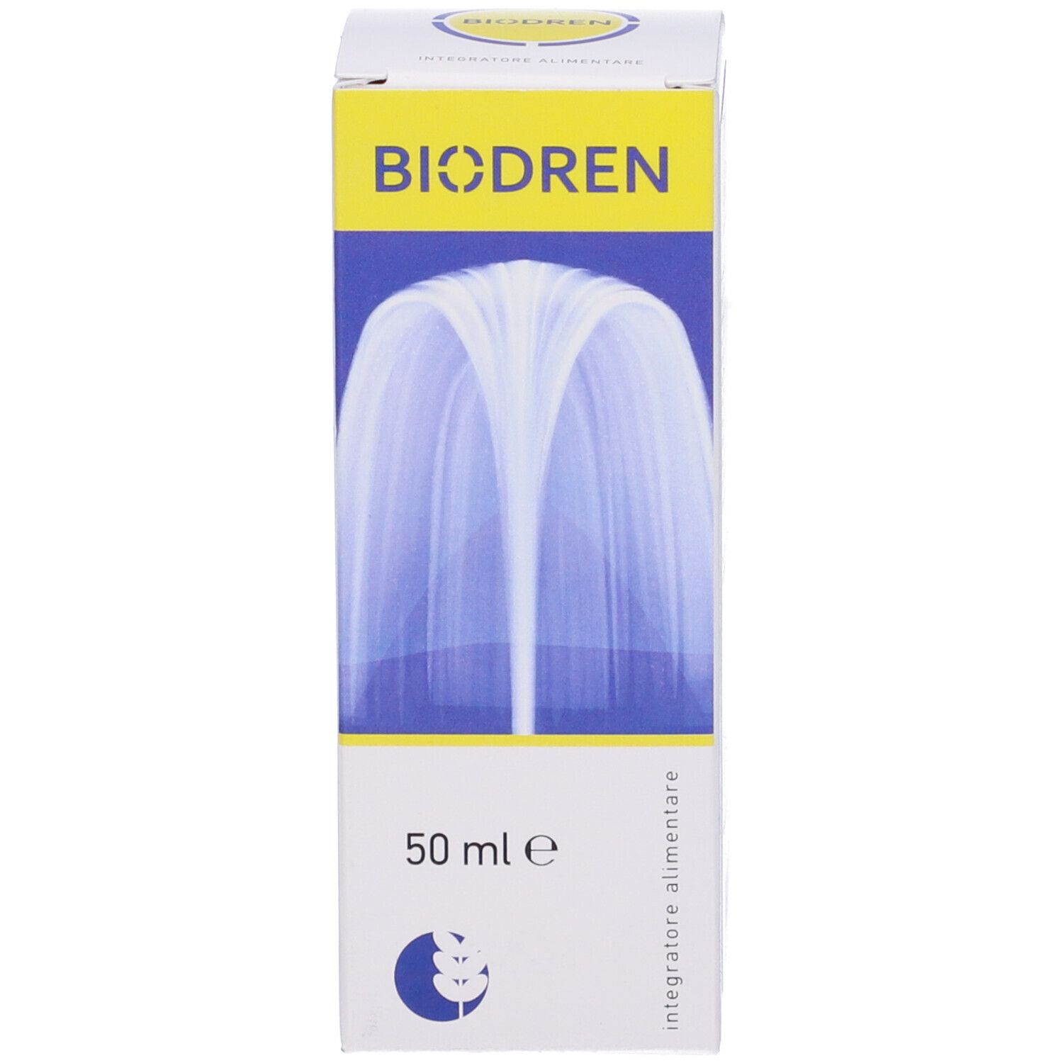 Confezione del prodotto. Scritto: BIODREN, 50 ml. Sfondo bianco con design blu.