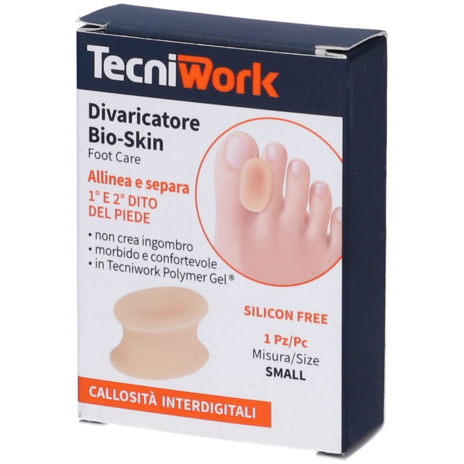 Confezione con divaricatore. Scritta TecniWork, Divaricatore Bio-Skin, 1 pezzo, taglia Small. Senza silicone.