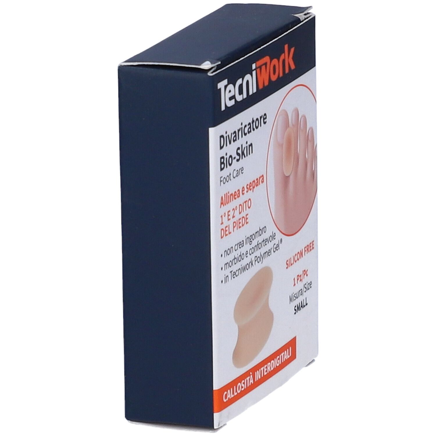 Vista laterale della confezione con divaricatore. Scritta TecniWork, Divaricatore Bio-Skin, taglia Small. Senza silicone.