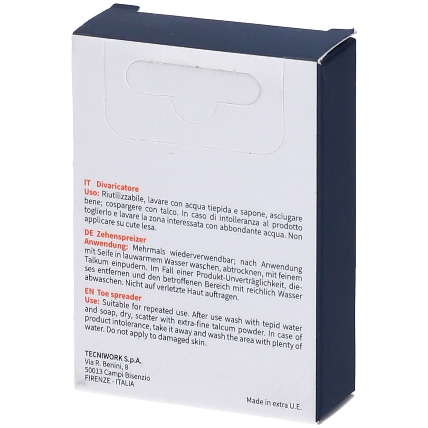 Retro della confezione con istruzioni multilingue. Marchio TecniWork.