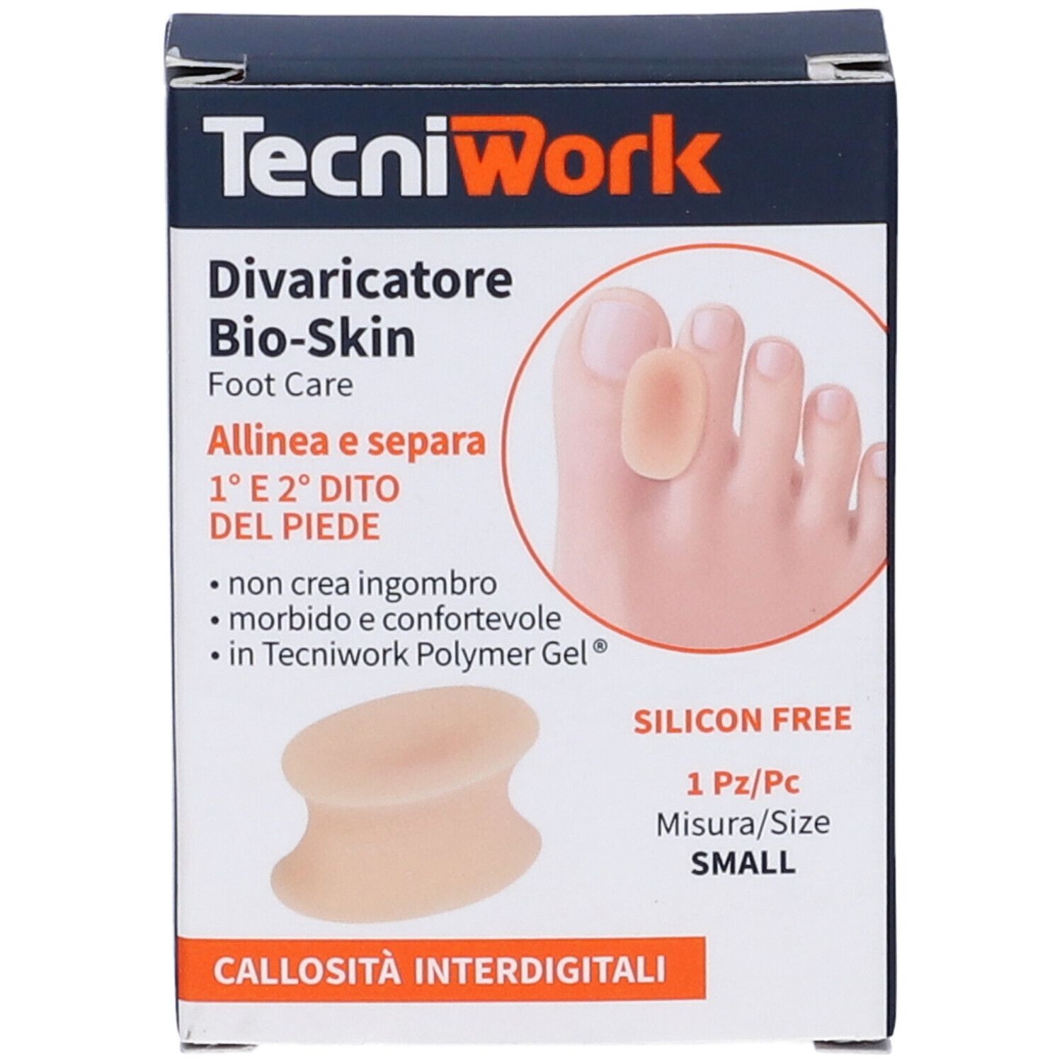 Confezione con divaricatore. Scritta TecniWork, Divaricatore Bio-Skin, 1 pezzo, taglia Small. Senza silicone.