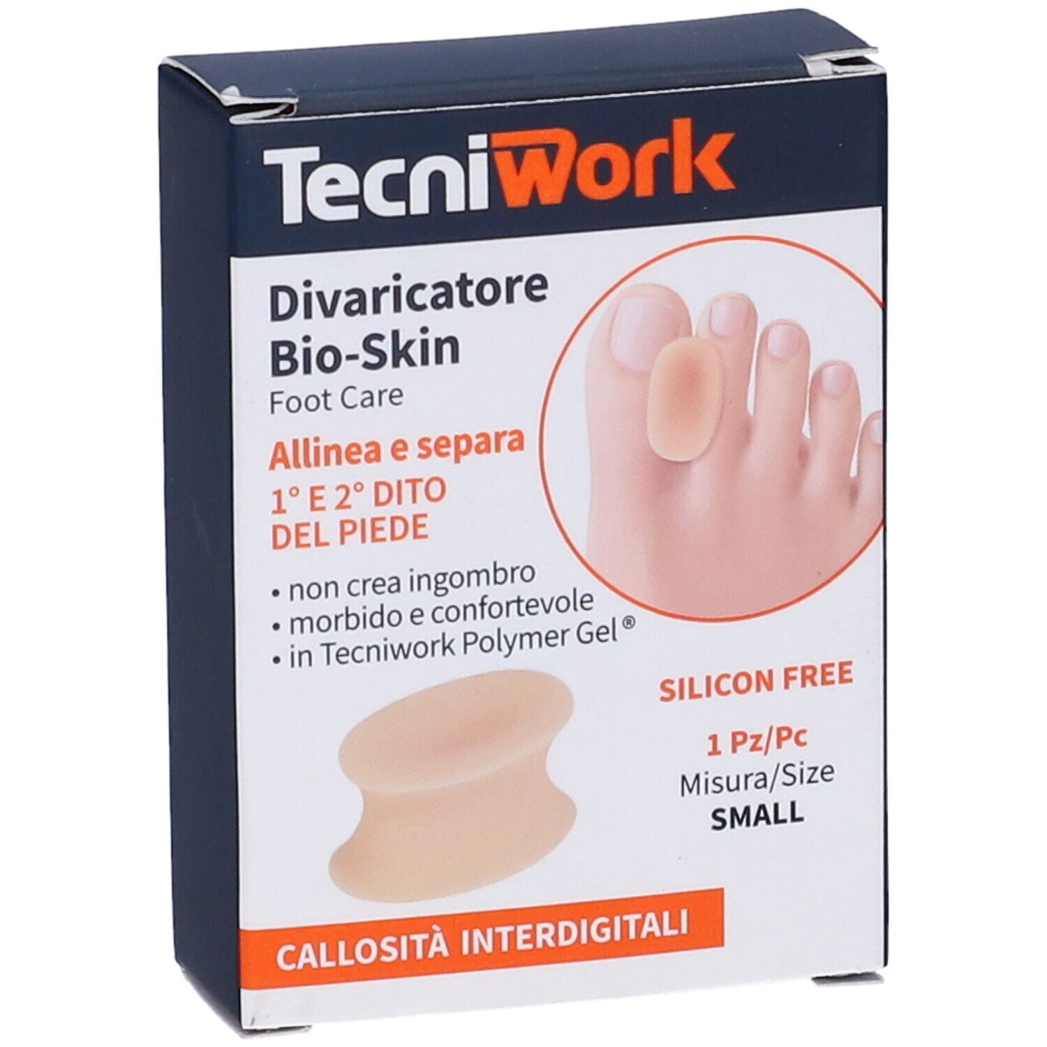 Confezione con divaricatore. Scritta TecniWork, Divaricatore Bio-Skin, 1 pezzo, taglia Small. Senza silicone.