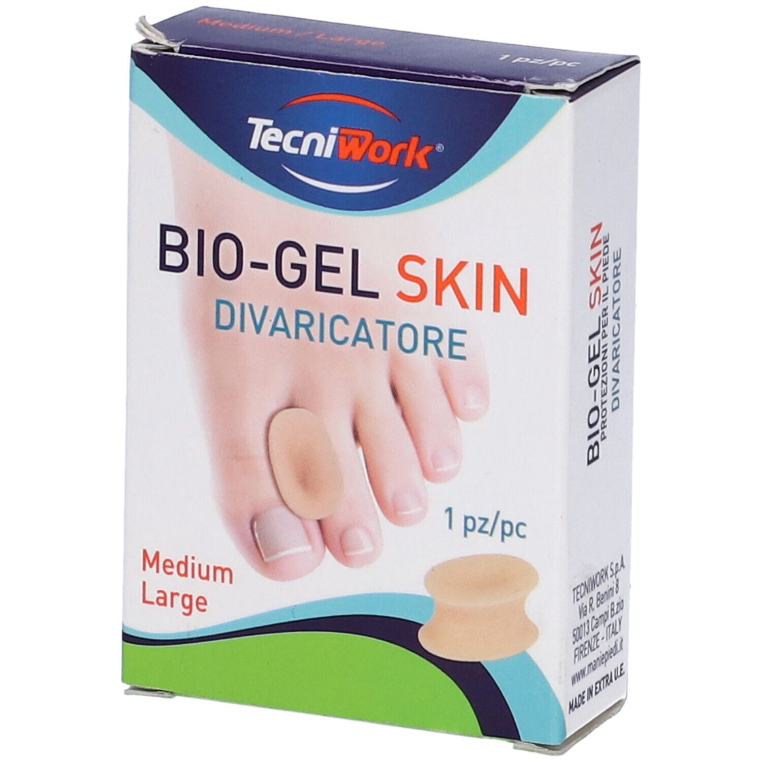Confezione con immagine del prodotto. Scritta: BIO-GEL SKIN, Divaricatore. Marca: TecniWork. Taglia: Medium Large. 1 pezzo.