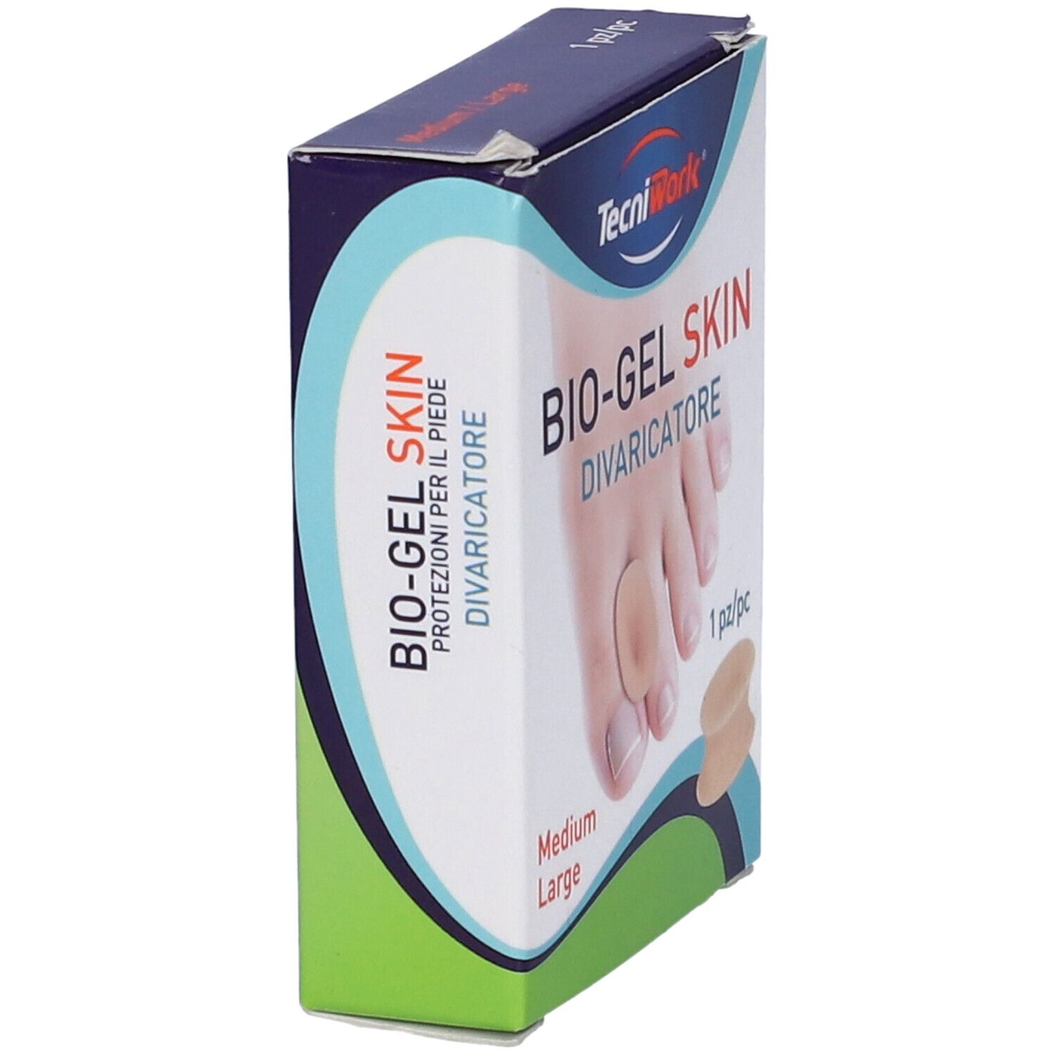 Confezione, in diagonale. Scritta: BIO-GEL SKIN, Divaricatore. Marca: TecniWork. Taglia: Medium Large. 1 pezzo.
