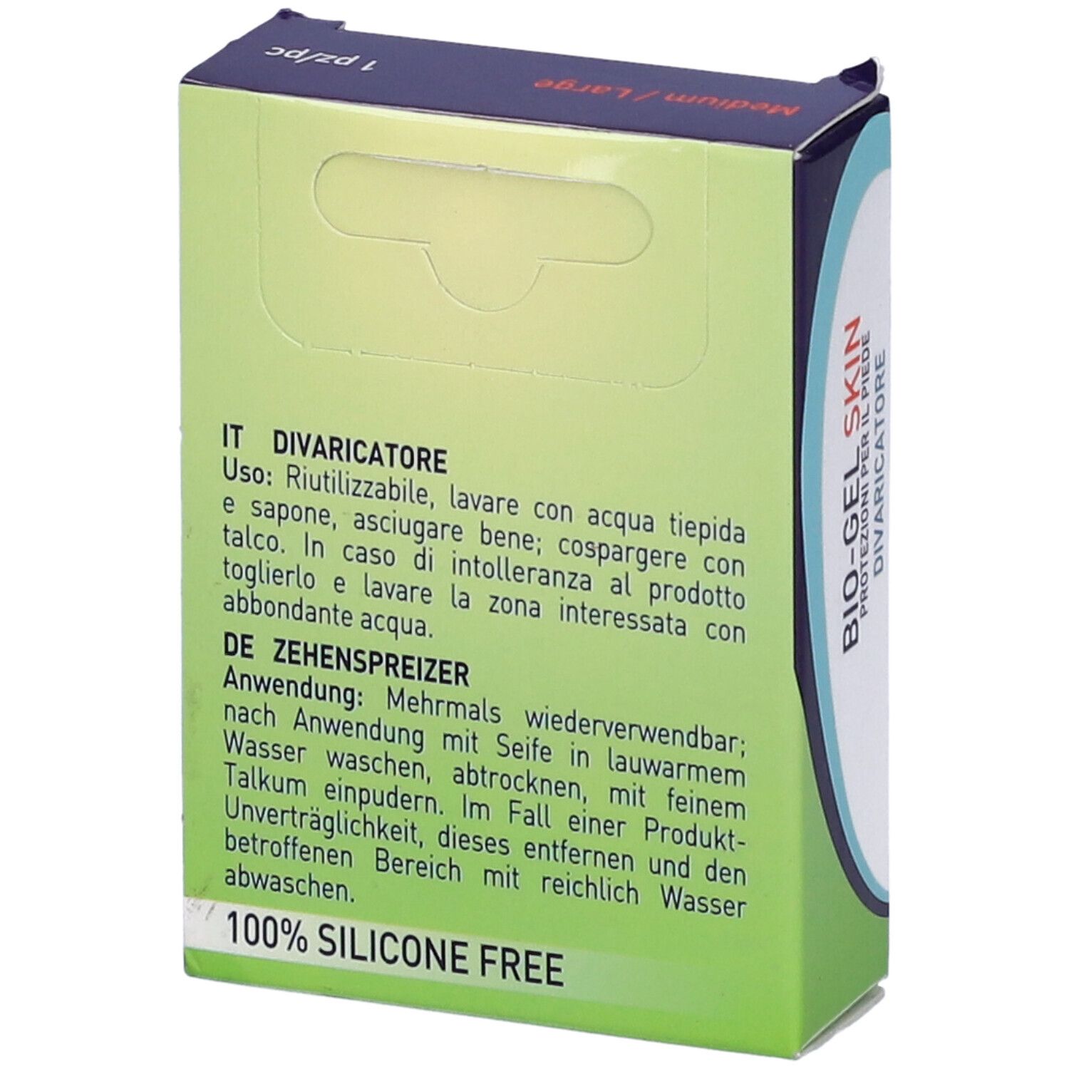 Retro della confezione. Testo in IT e DE. Scritta: BIO-GEL SKIN, Divaricatore. 100% SILICONE FREE.