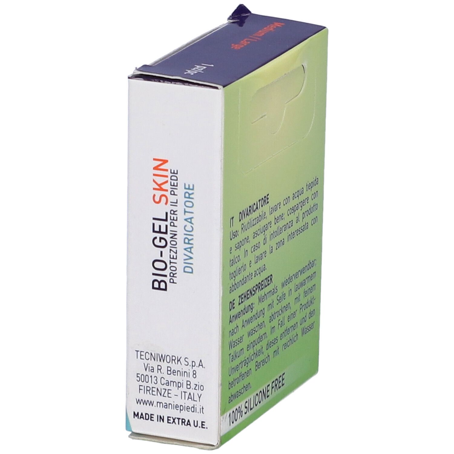 Confezione, in diagonale. Scritta: BIO-GEL SKIN, Divaricatore. Marca: TecniWork. 1 pezzo. 100% SILICONE FREE.