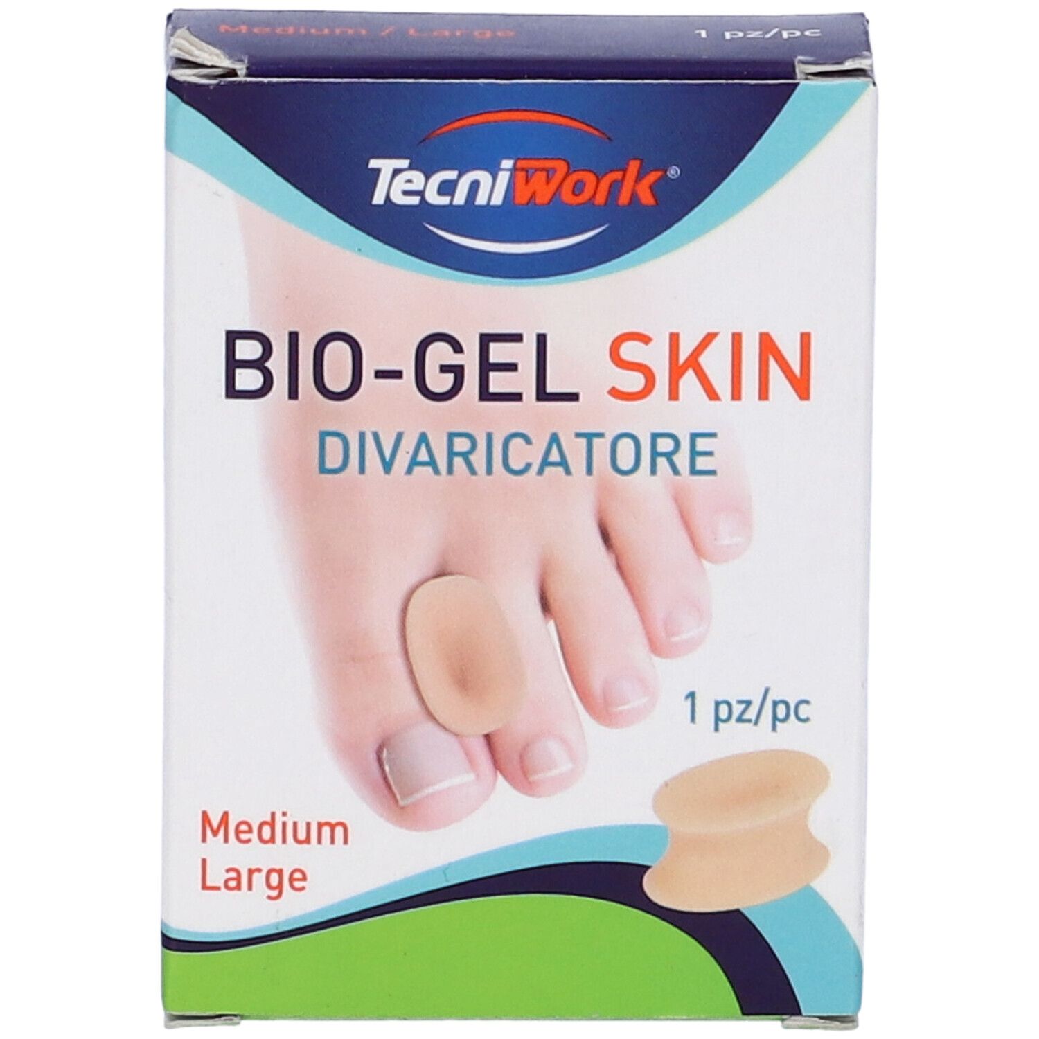 Confezione con immagine del prodotto. Scritta: BIO-GEL SKIN, Divaricatore. Marca: TecniWork. Taglia: Medium Large. 1 pezzo.