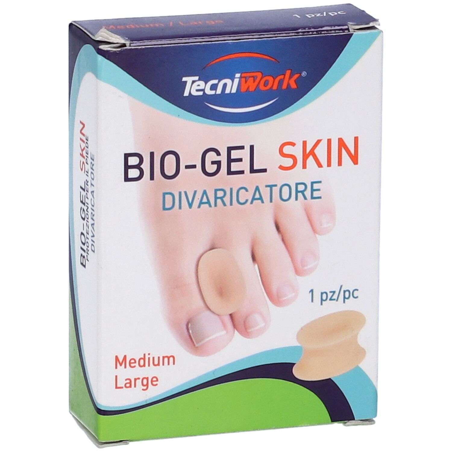 Confezione con immagine del prodotto. Scritta: BIO-GEL SKIN, Divaricatore. Marca: TecniWork. Taglia: Medium Large. 1 pezzo.