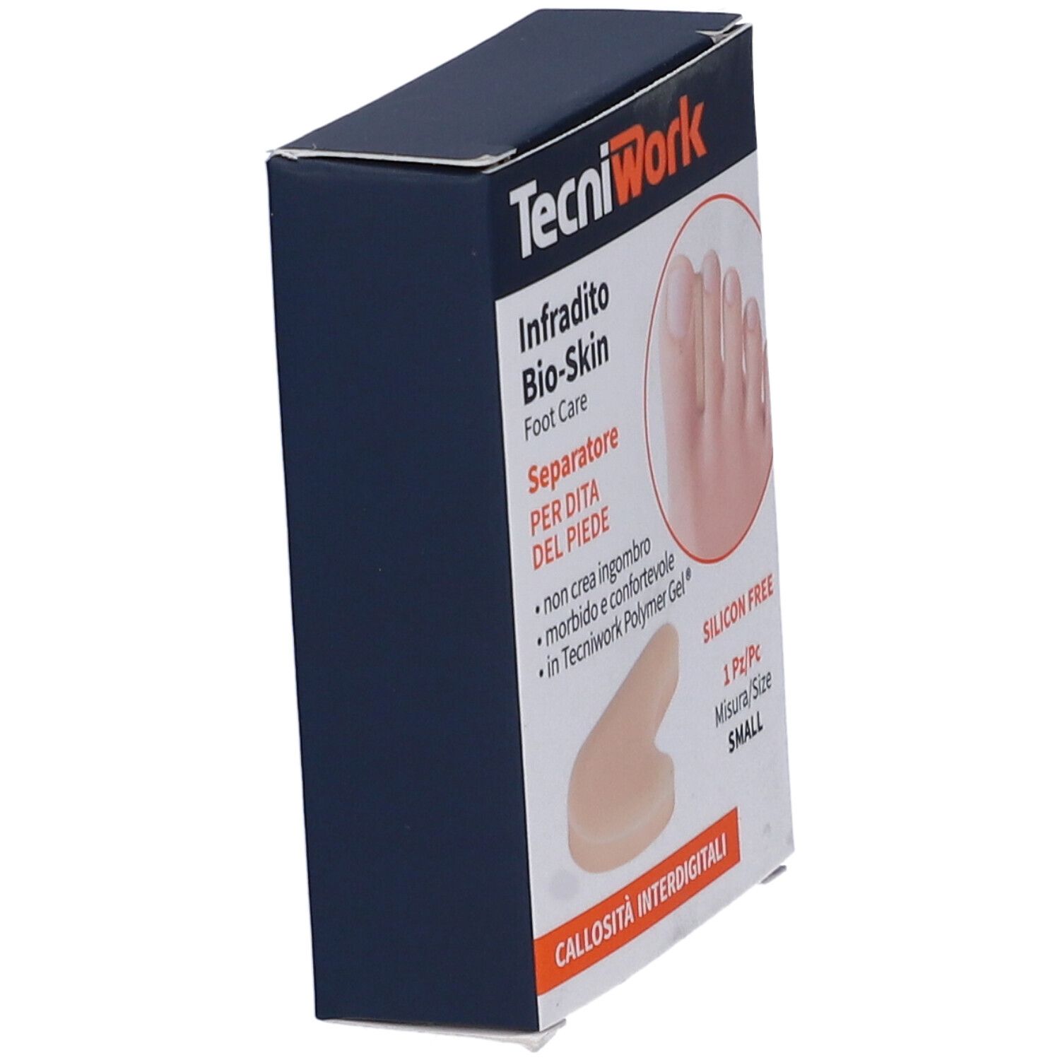 Confezione TecniWork. Infradito Bio-Skin, separatore. Piccolo, in gel polimero. 1 pezzo. Senza silicone. Vista laterale.