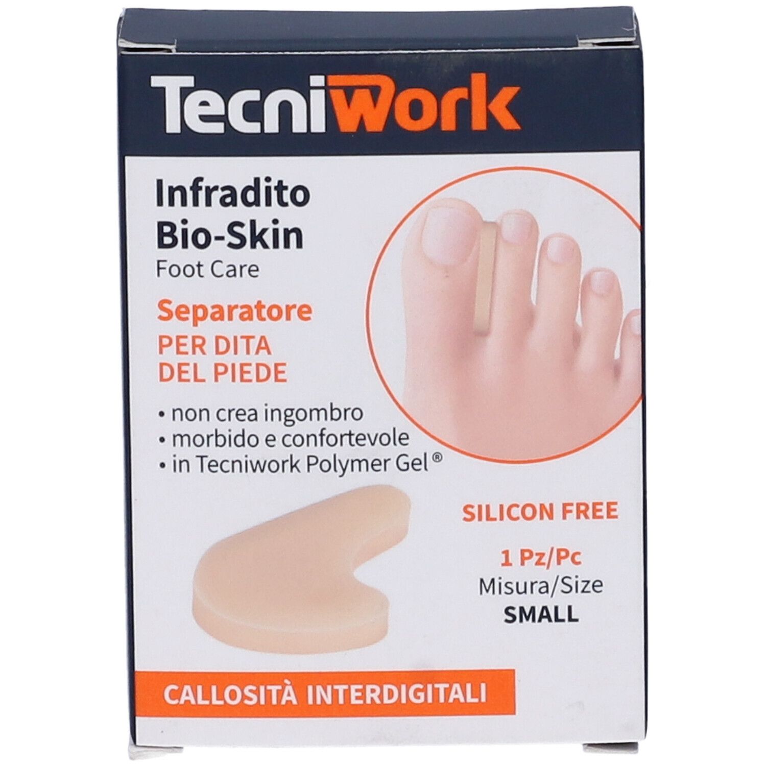 Confezione TecniWork. Infradito Bio-Skin, separatore. Piccolo, in gel polimero. 1 pezzo. Senza silicone. Vista frontale.