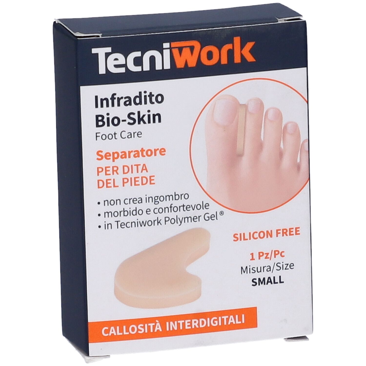 Confezione TecniWork. Infradito Bio-Skin, separatore. Piccolo, in gel polimero. 1 pezzo. Senza silicone. Vista frontale.