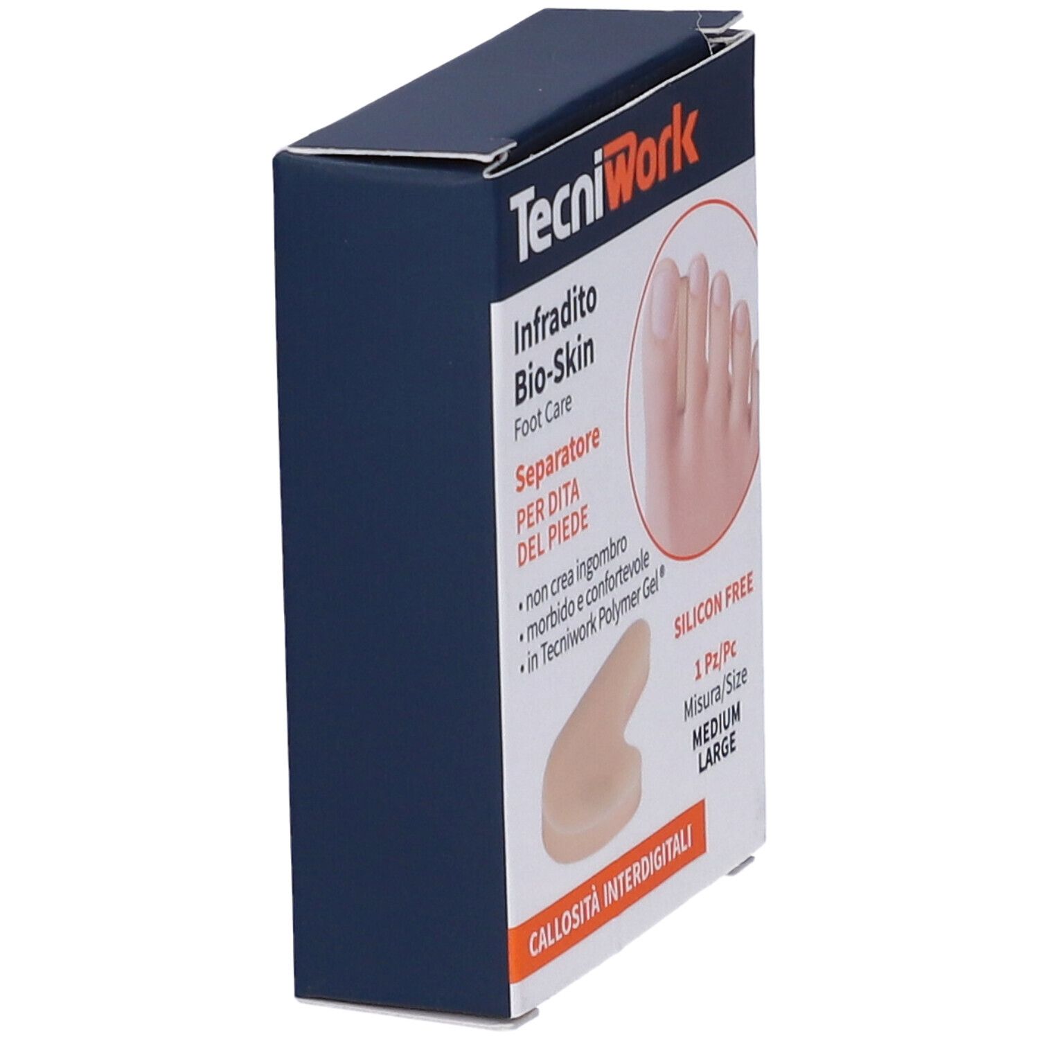 Confezione TecniWork Infradito Bio-Skin. Separatore per dita. Medium/Large. Immagine del prodotto e del piede sulla confezione. Scatola blu.