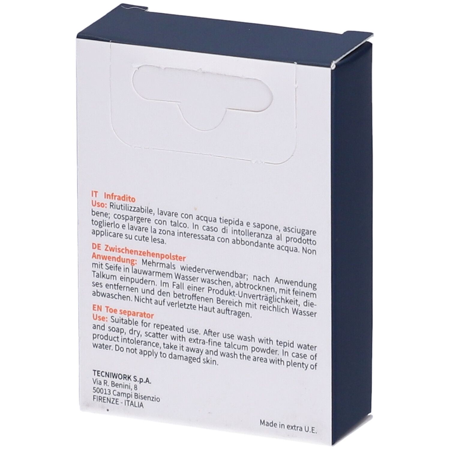 Retro della confezione TecniWork Infradito Bio-Skin. Istruzioni in italiano, tedesco e inglese. Testo su sfondo blu.