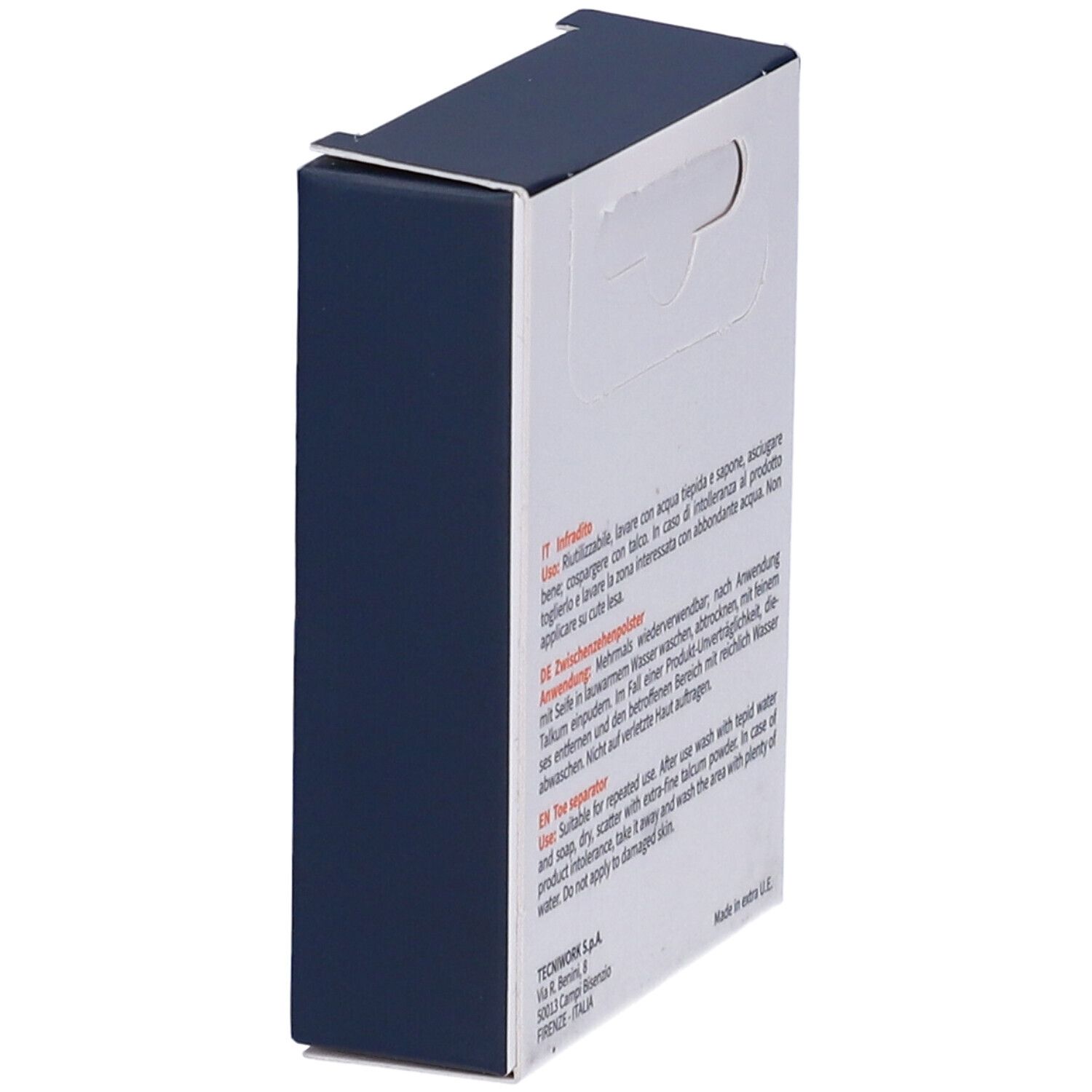 Vista laterale della confezione TecniWork Infradito Bio-Skin. Istruzioni in italiano, tedesco e inglese. Scatola blu.