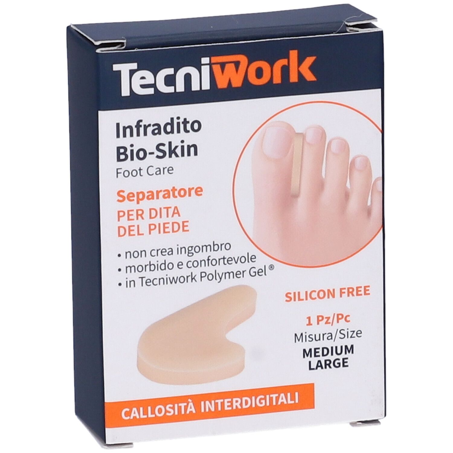 TecniWork Infradito Bio-Skin, cura dei piedi. Separatore per dita. 1 pezzo. Medium/Large. Senza silicone. Immagine del prodotto e del piede sulla confezione.
