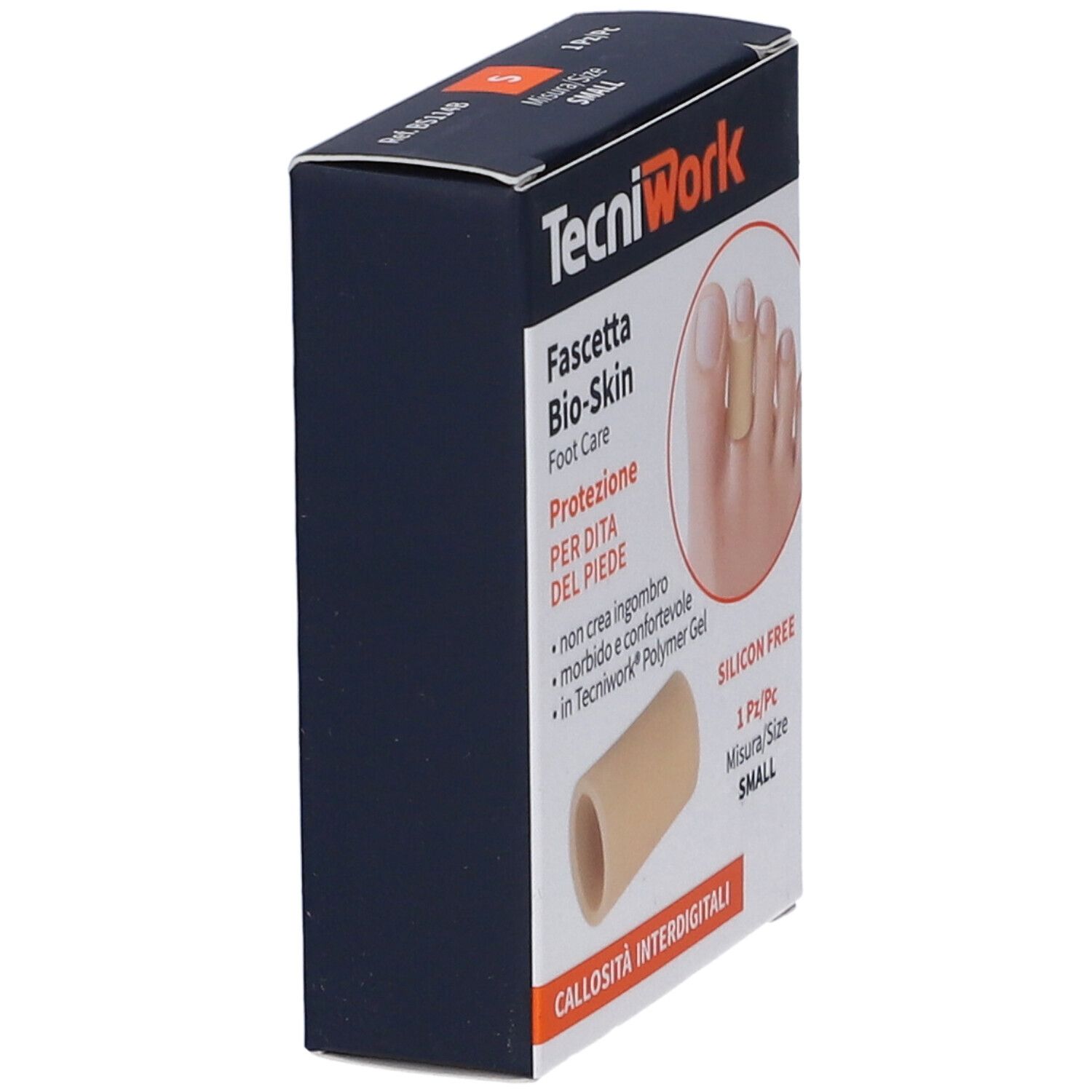 Vista laterale della confezione TecniWork. Scritta: Fascetta Bio-Skin, Foot Care, protezione dita del piede. Prodotto cilindrico singolo.