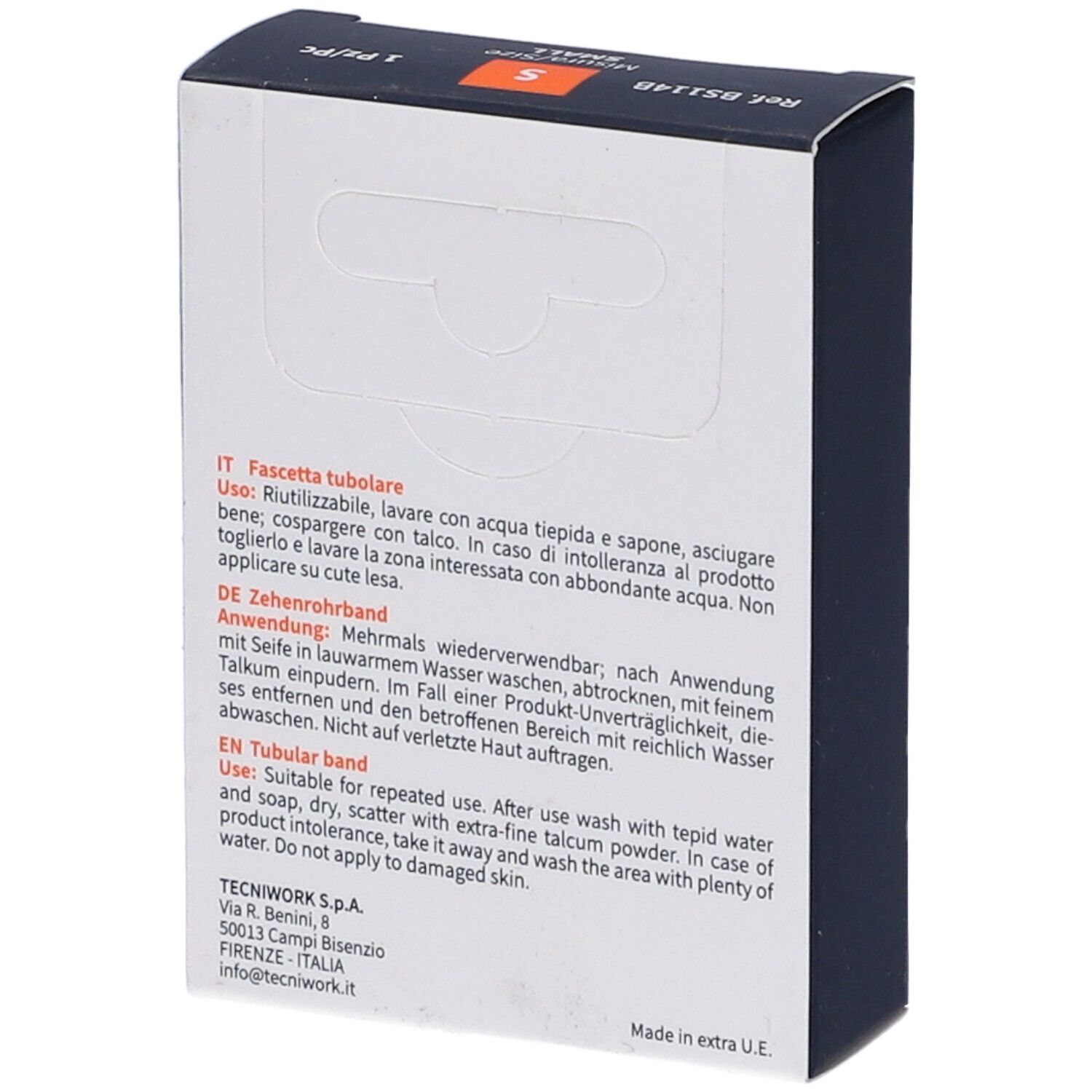 Retro della confezione TecniWork. Testo in italiano, tedesco e inglese. Descrizione del prodotto e istruzioni per l'uso.