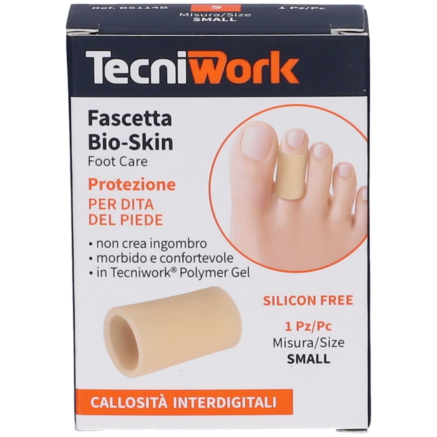 Confezione TecniWork. Scritta: Fascetta Bio-Skin, Foot Care, protezione dita del piede. Prodotto cilindrico singolo.