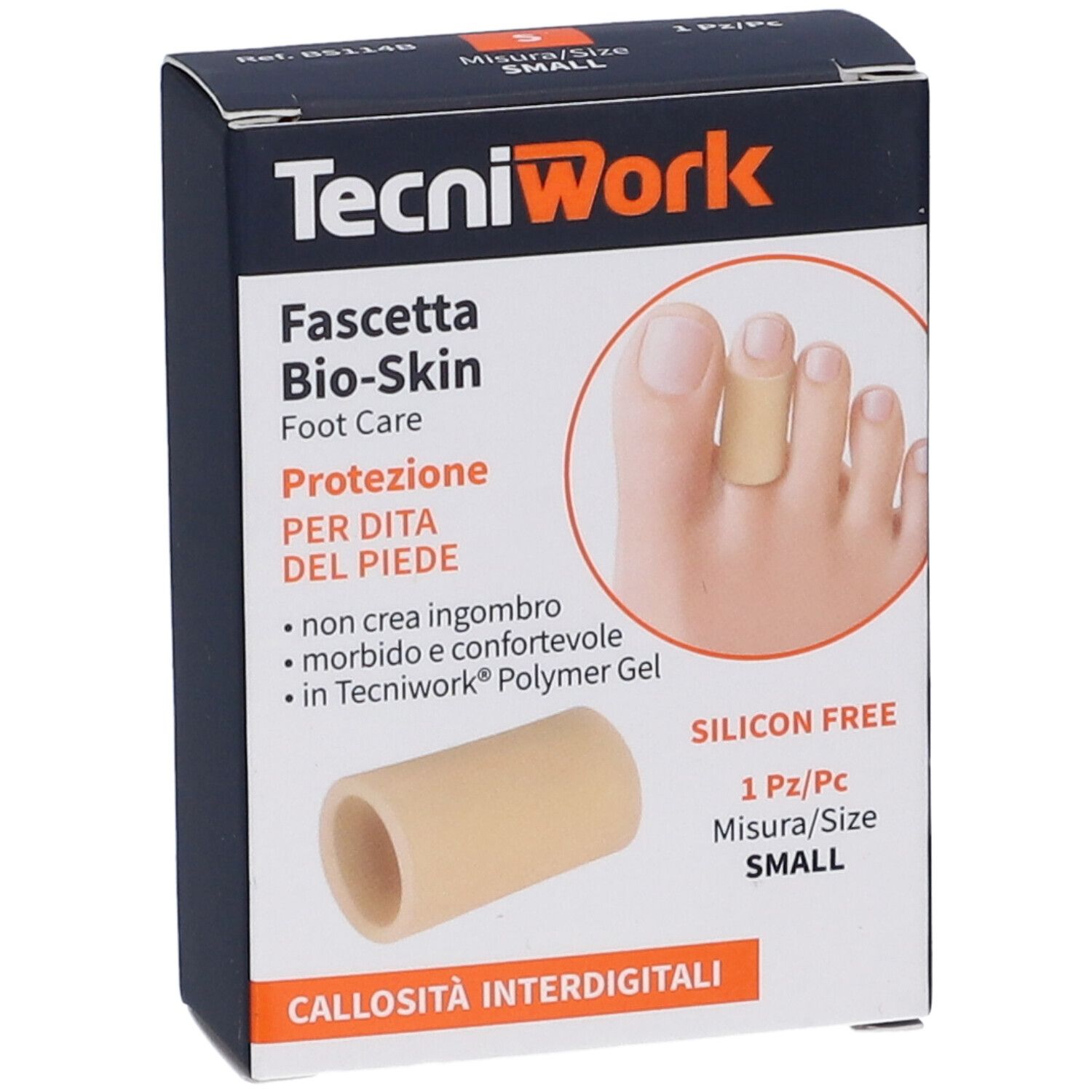Confezione TecniWork. Scritta: Fascetta Bio-Skin, Foot Care, protezione dita del piede. Prodotto cilindrico singolo.