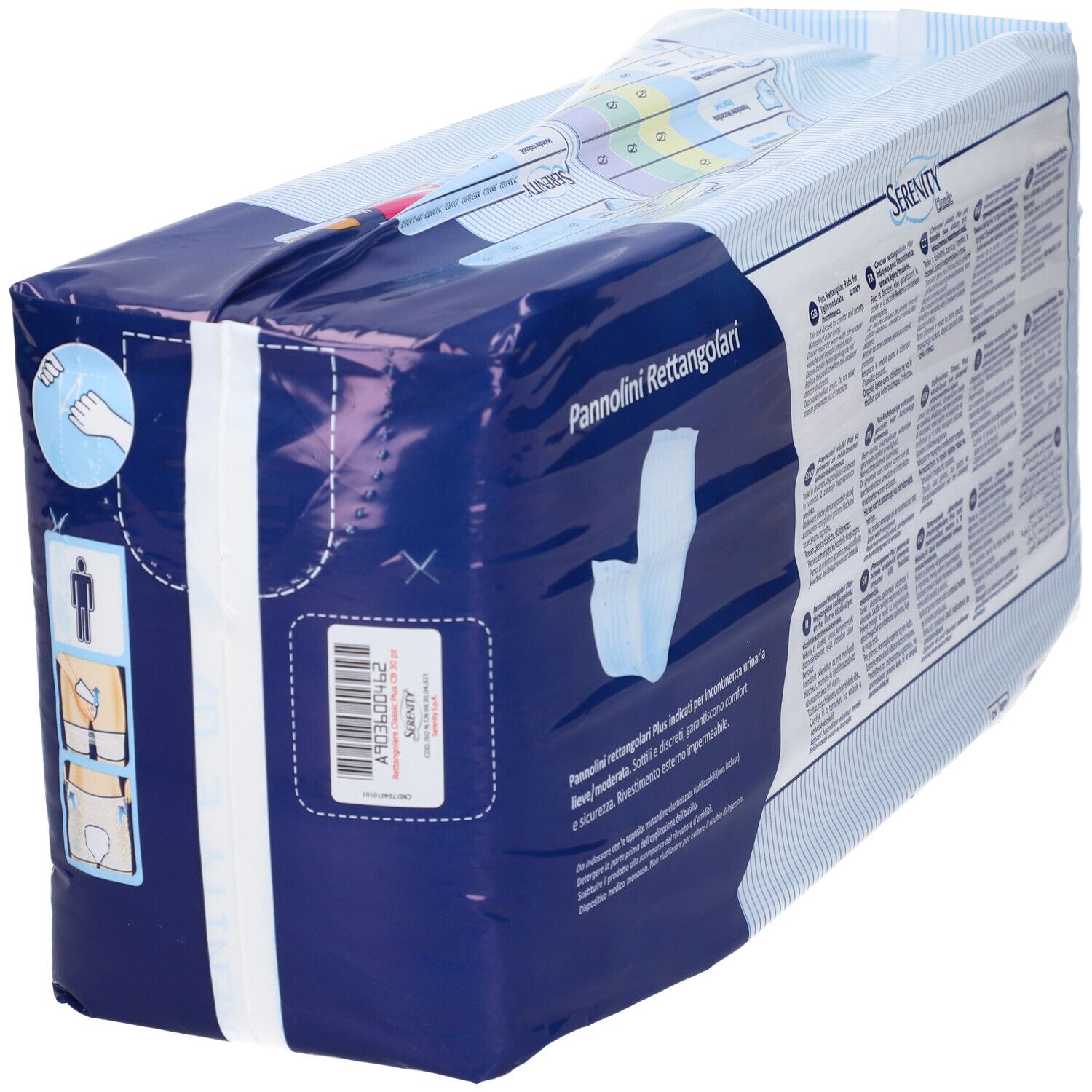 Vista laterale della confezione Serenity Classic Pannolini Rettangolari Plus con simboli di applicazione.