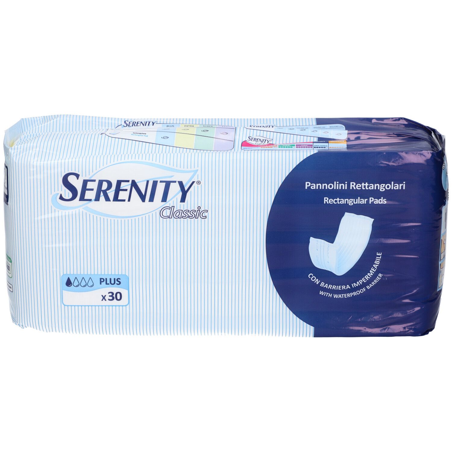 Confezione Serenity Classic Pannolini Rettangolari Plus, 30 pezzi.
