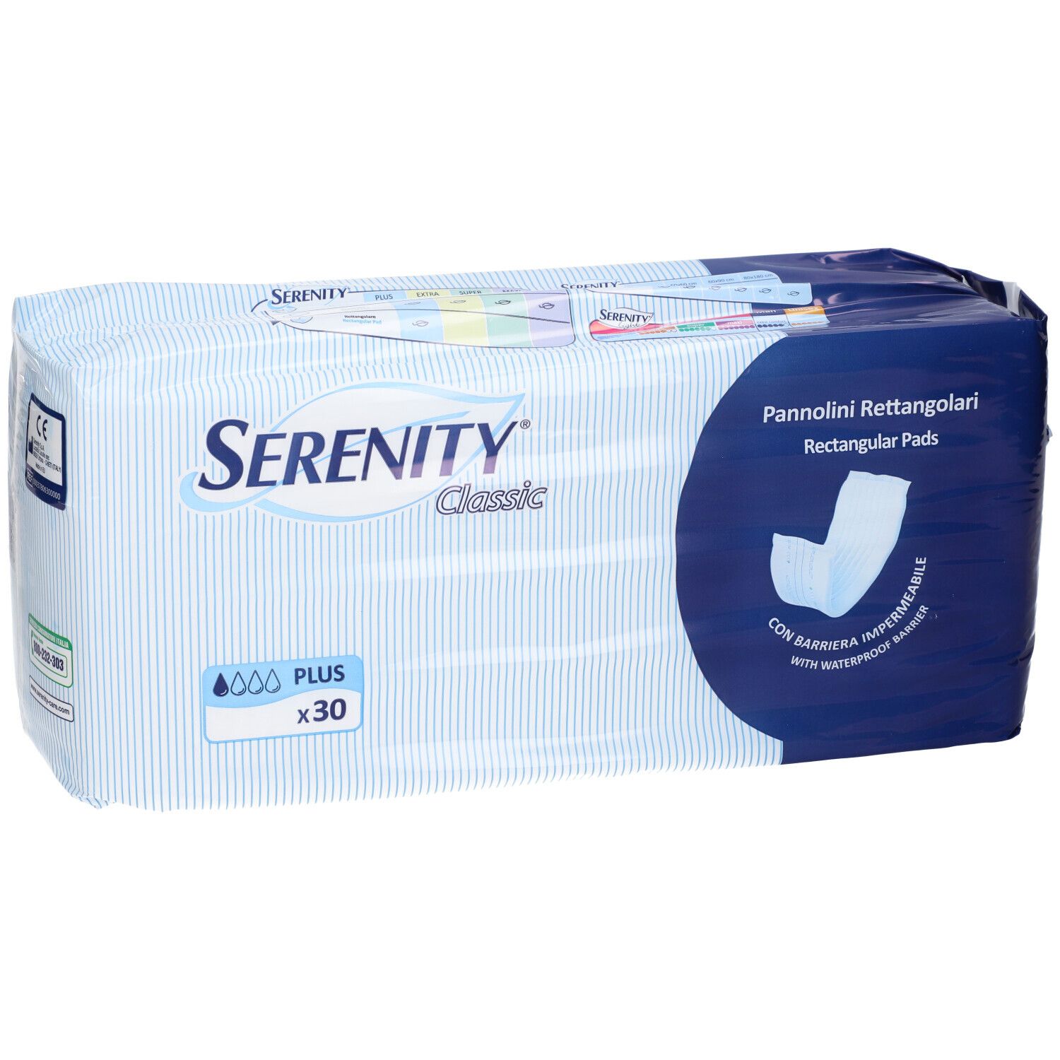 Confezione Serenity Classic Pannolini Rettangolari Plus con marchio CE, 30 pezzi.