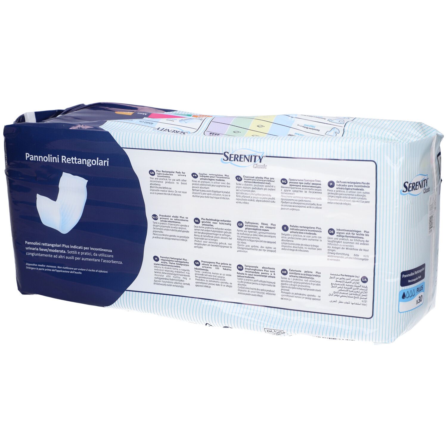 Confezione di Serenity Classic Pannolini Rettangolari Plus. Retro con informazioni sul prodotto e testo. Contiene 30 pezzi.