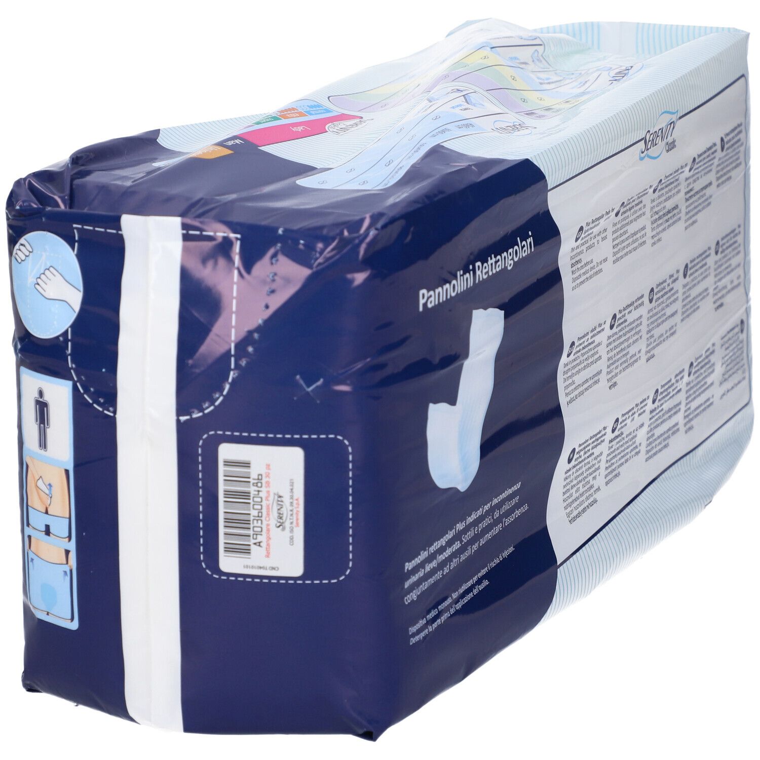 Confezione di Serenity Classic Pannolini Rettangolari Plus. Vista laterale con informazioni sul prodotto e pittogrammi. Contiene 30 pezzi.